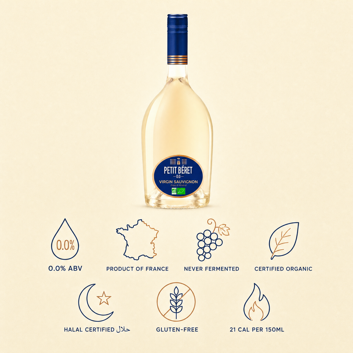 Le Petit Beret Virgin Sauvignon Blanc 0.0% non-alcoholic French white wine - 0.0% ABV, product of France, organic, halal certified, gluten-free