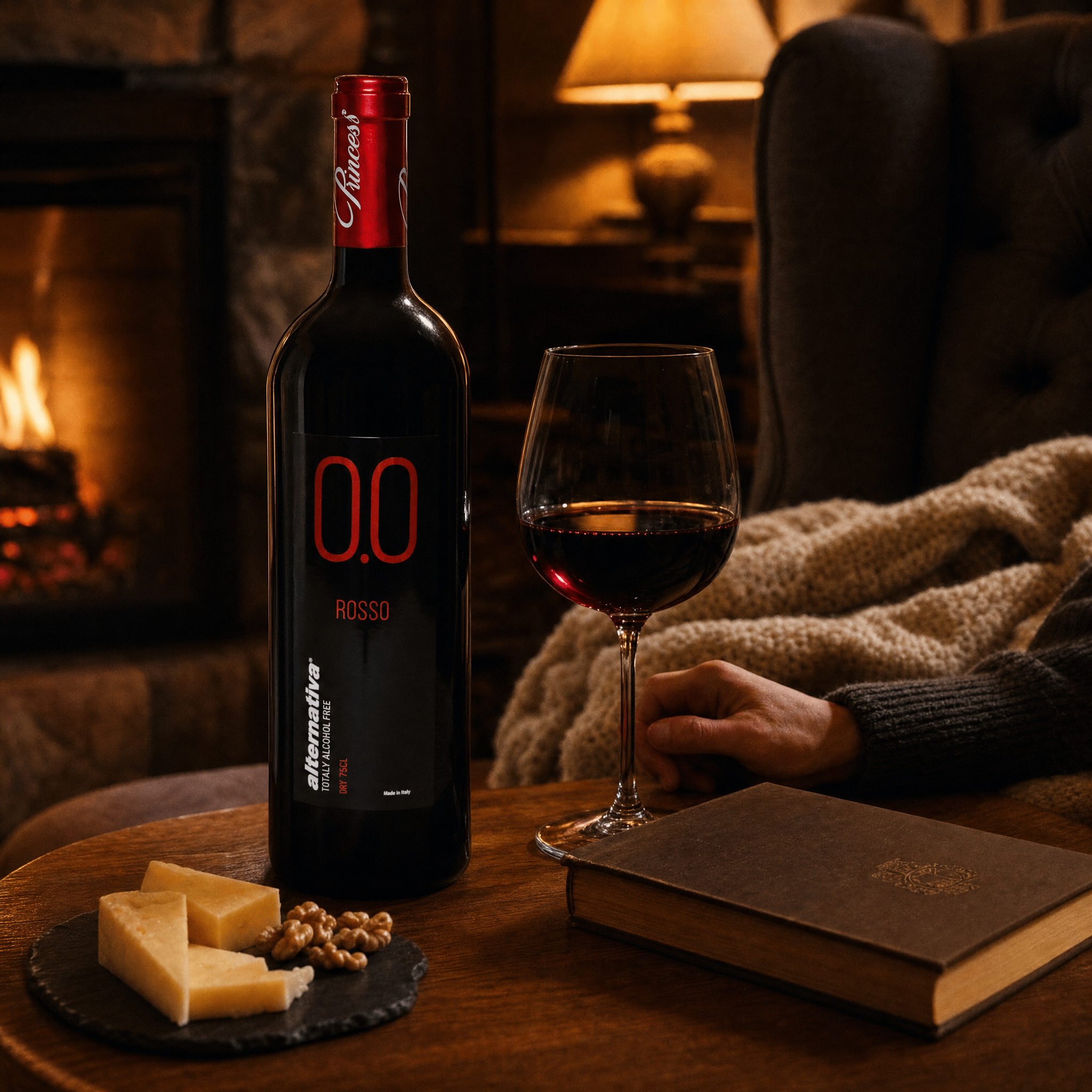 Princess Rosso Dry 0.0% non-alcoholic Italian red wine - poured by the fireside