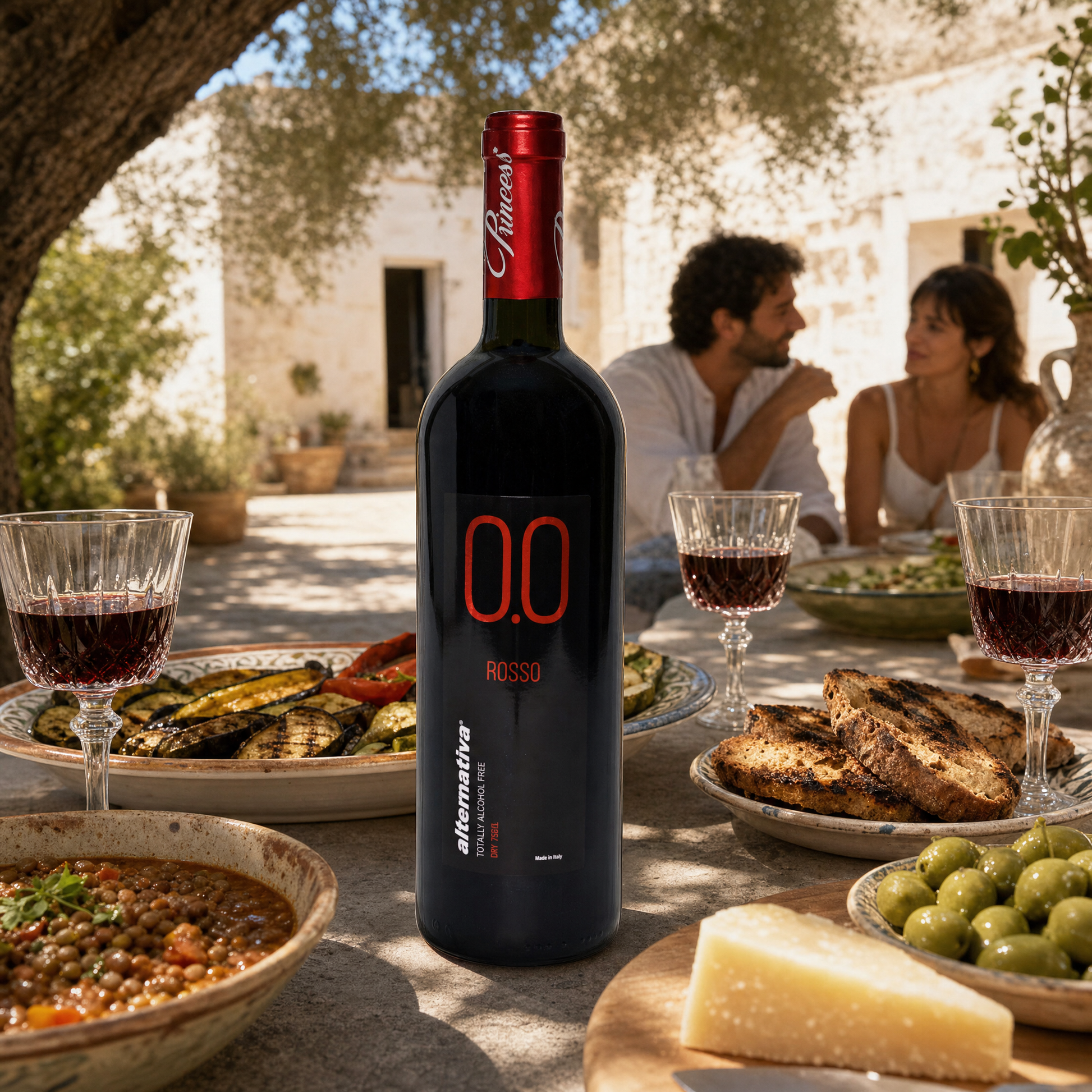 Princess Rosso Dry 0.0% non-alcoholic Italian red wine - served at an Italian courtyard lunch