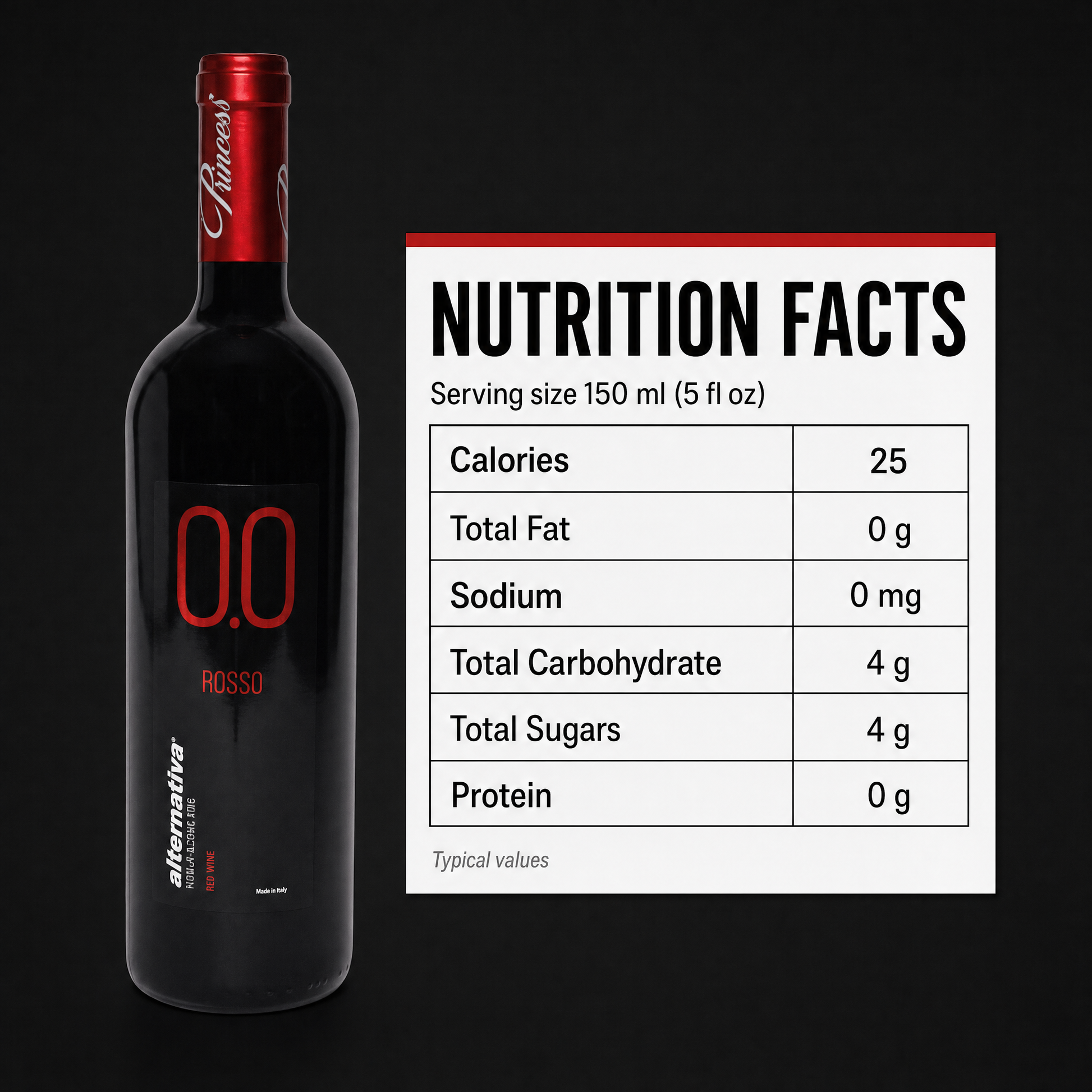 Princess Rosso Dry 0.0% non-alcoholic Italian red wine - nutrition facts per 150 ml