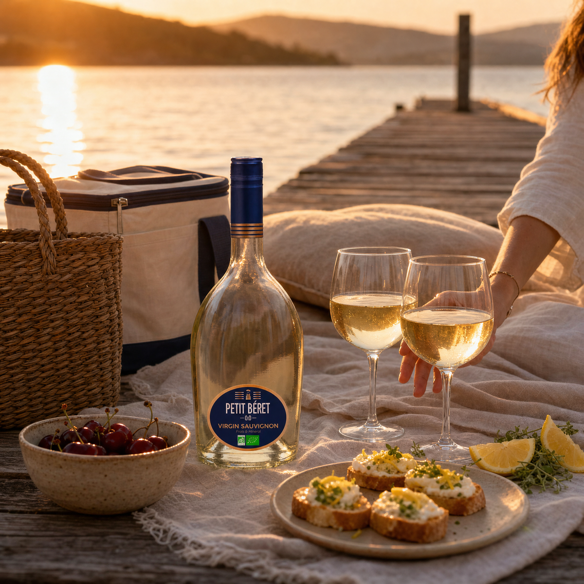 Le Petit Beret Virgin Sauvignon Blanc 0.0% non-alcoholic French white wine - served at a lakeside picnic