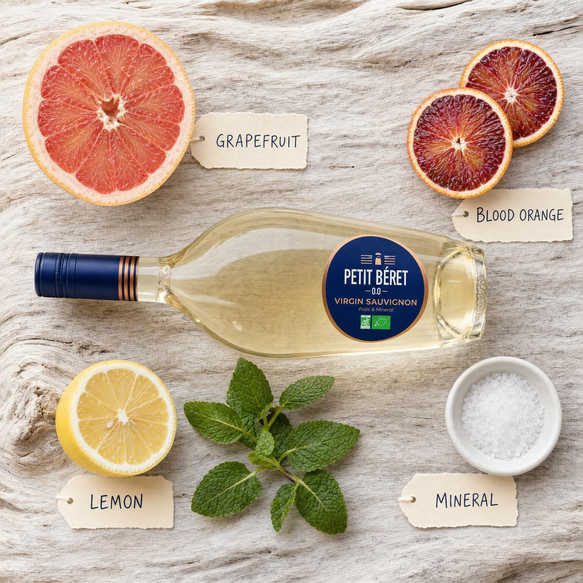 Le Petit Beret Virgin Sauvignon Blanc 0.0% non-alcoholic French white wine - tasting notes flat-lay with grapefruit, blood orange and lemon