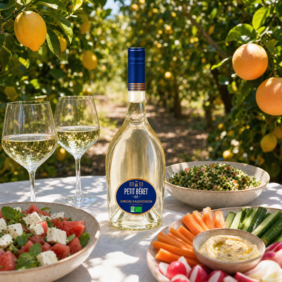 Le Petit Beret Virgin Sauvignon Blanc 0.0% non-alcoholic French white wine - served at a citrus orchard lunch