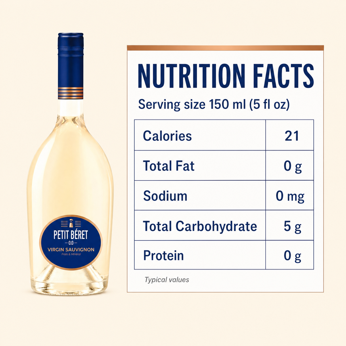 Le Petit Beret Virgin Sauvignon Blanc 0.0% non-alcoholic French white wine - nutrition facts per 150 ml