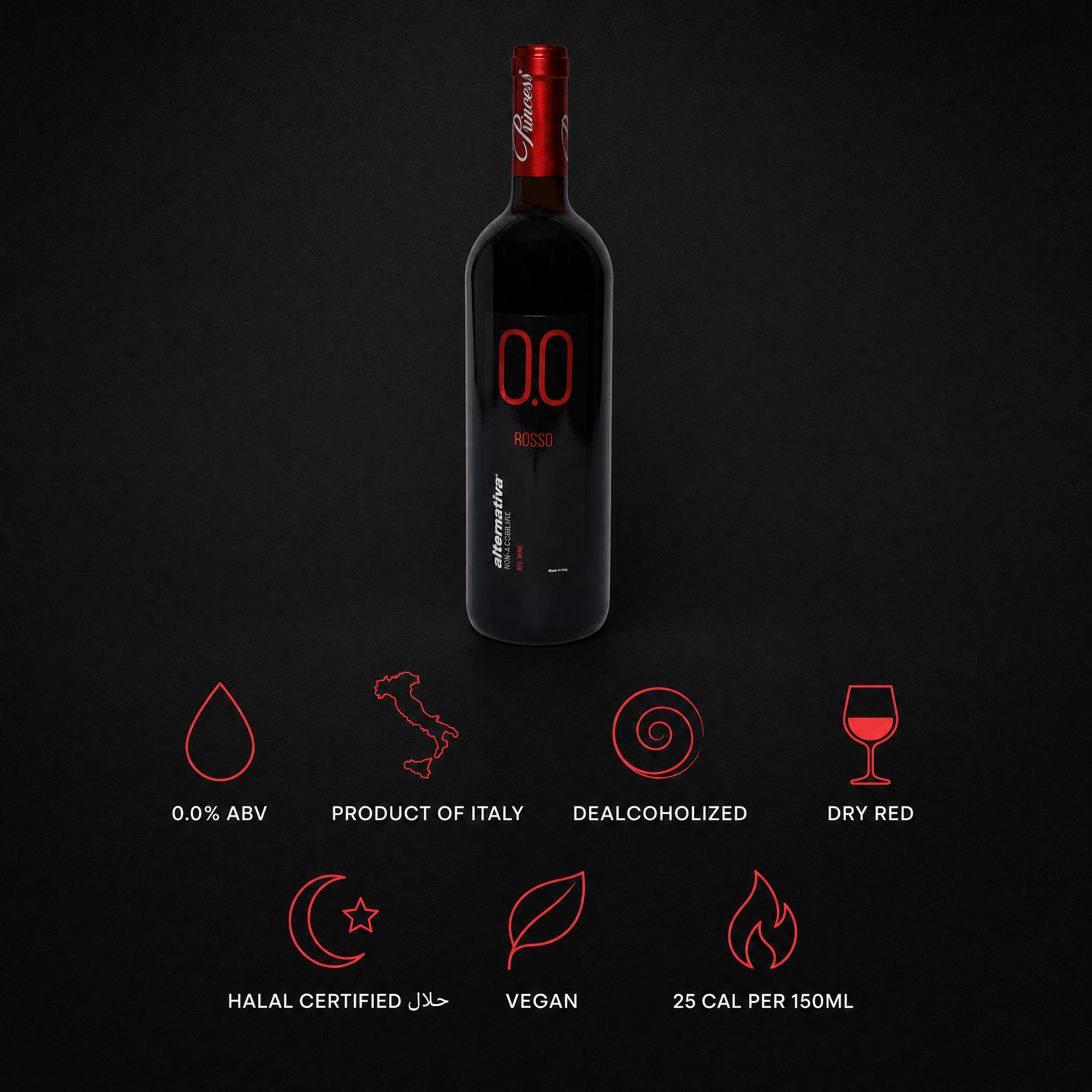 Princess Rosso Dry 0.0% non-alcoholic Italian red wine - 0.0% ABV, product of Italy, halal certified, vegan