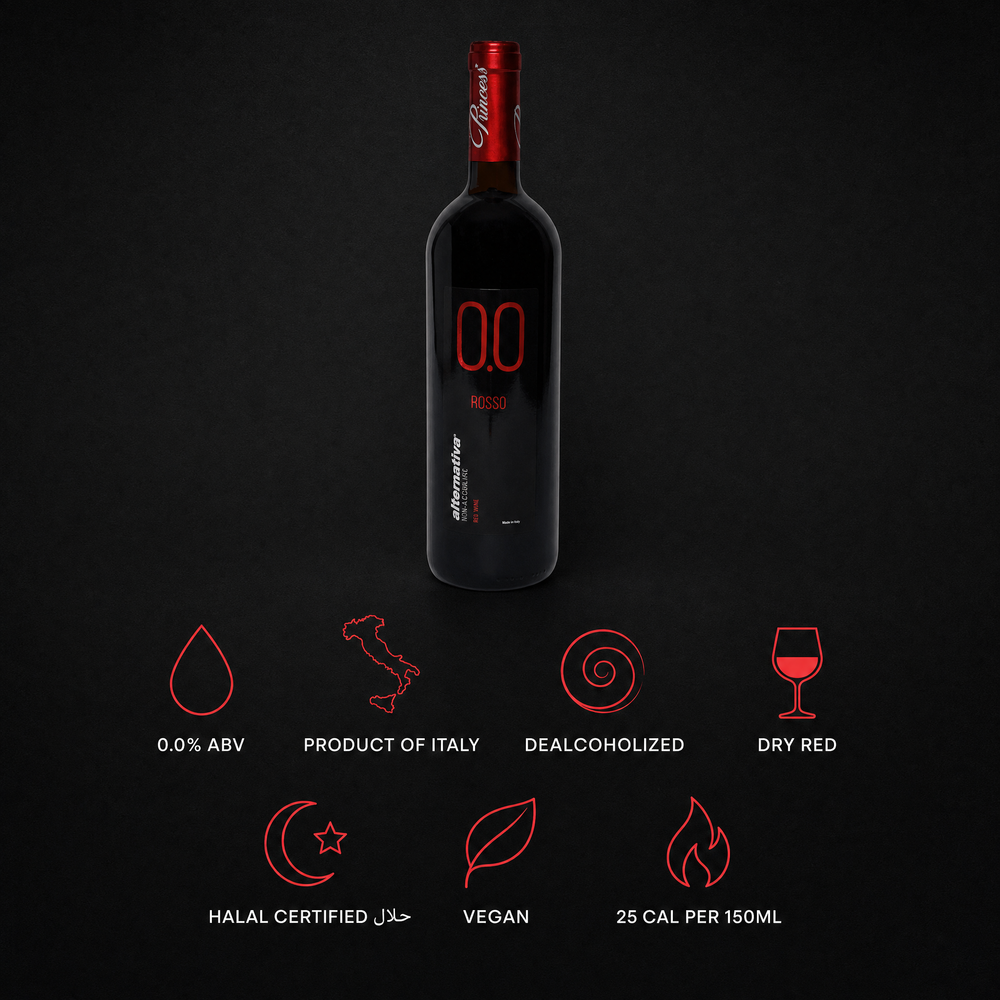 Princess Rosso Dry 0.0% non-alcoholic Italian red wine - 0.0% ABV, product of Italy, halal certified, vegan