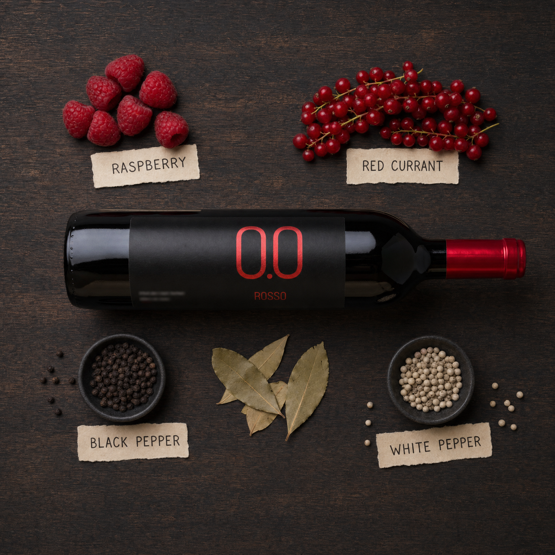 Princess Rosso Dry 0.0% non-alcoholic Italian red wine - tasting notes flat-lay with raspberry, red currant and peppercorns