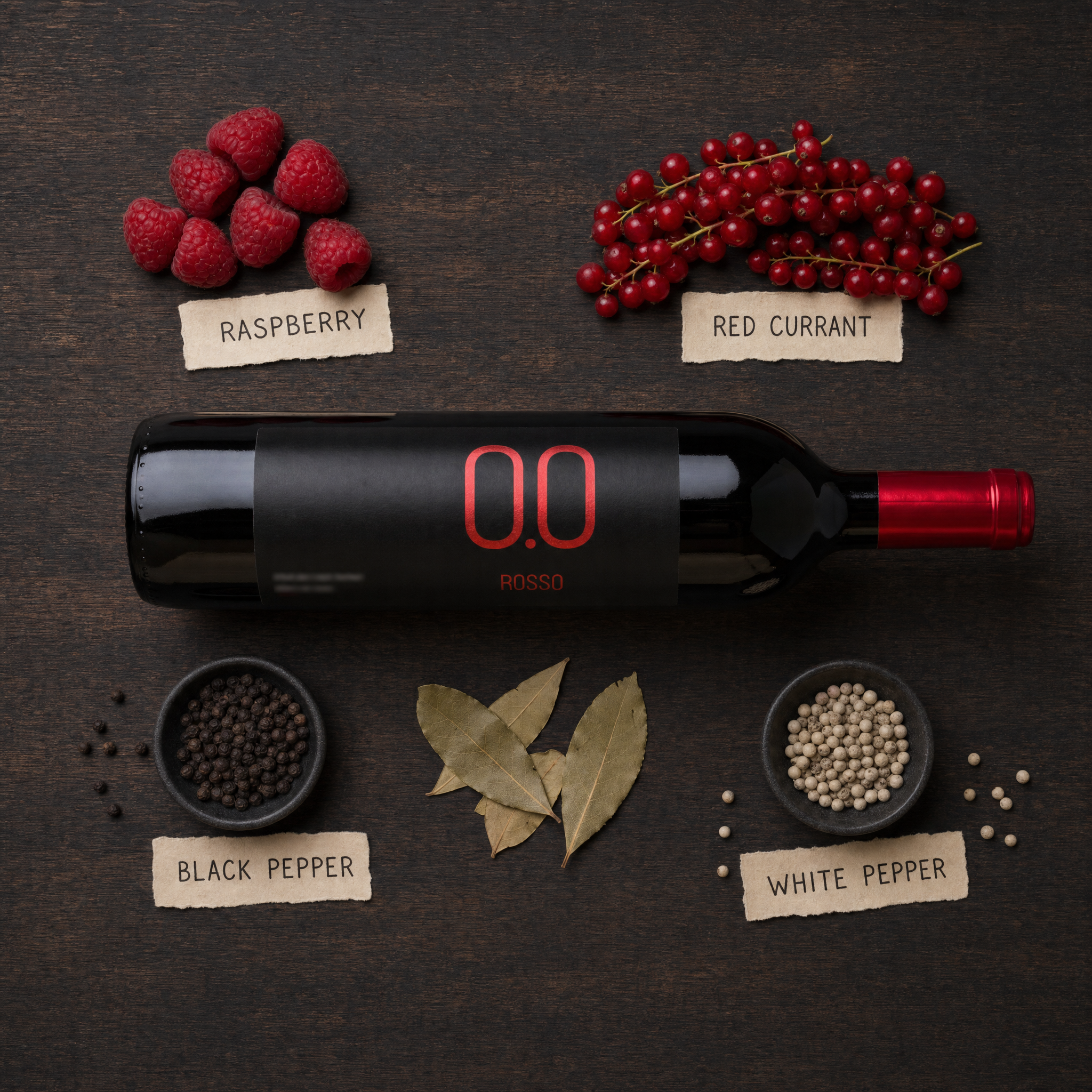 Princess Rosso Dry 0.0% non-alcoholic Italian red wine - tasting notes flat-lay with raspberry, red currant and peppercorns