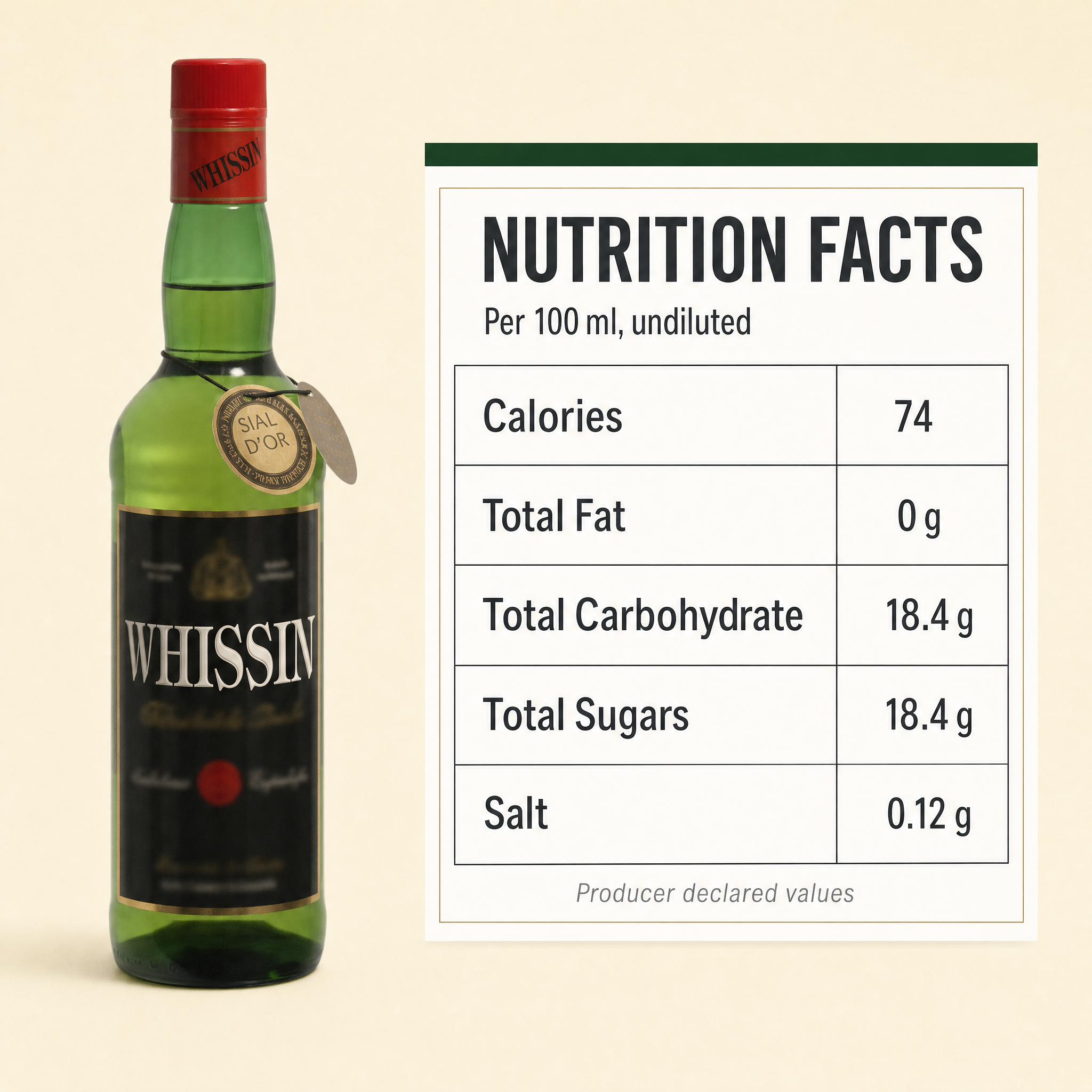 Espadafor Whissin 0.0% non-alcoholic Spanish whiskey-style spirit - nutrition facts per 100 ml undiluted