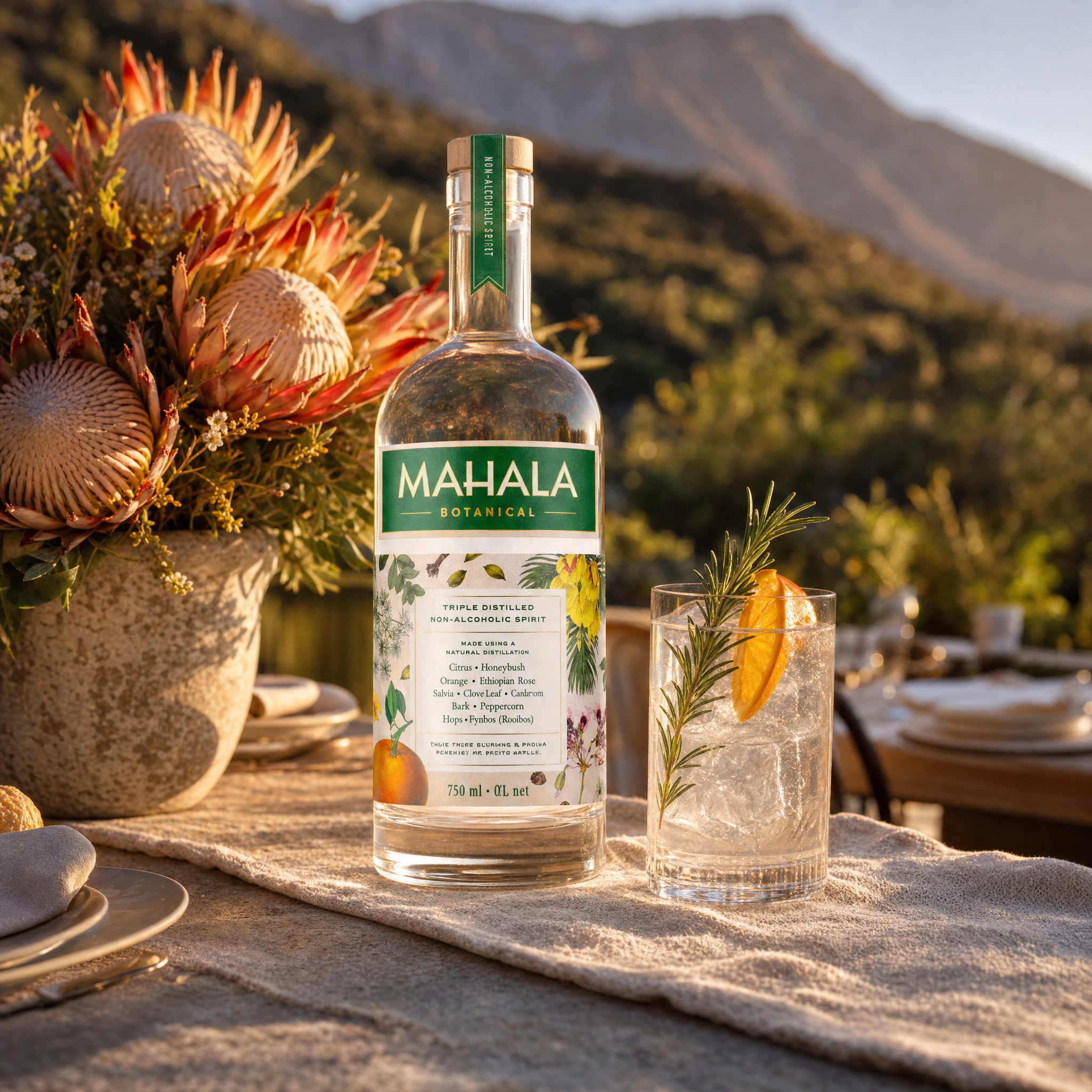 Mahala Botanical Classic 0.0% non-alcoholic spirit from South Africa - served in a fynbos garden