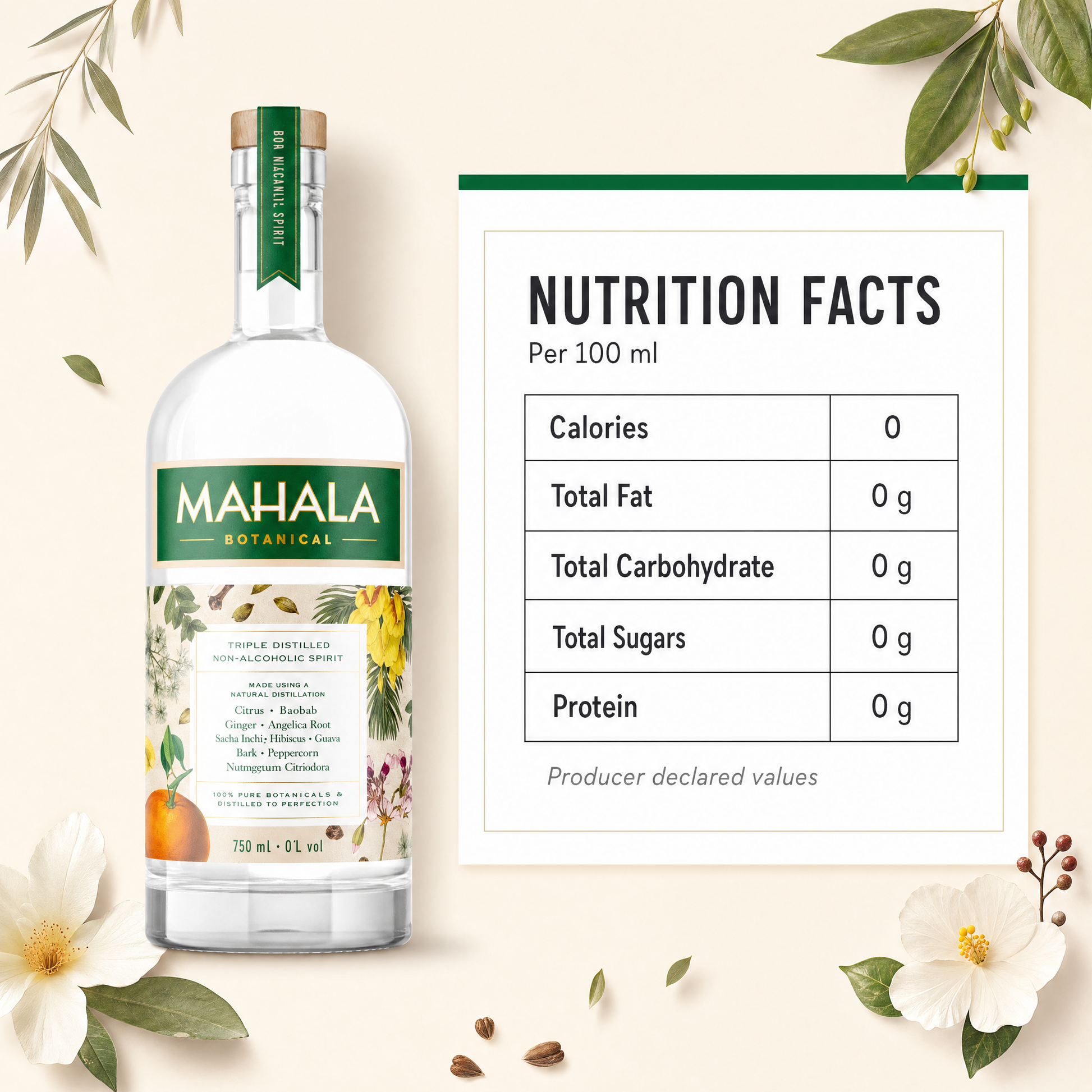 Mahala Botanical Classic 0.0% non-alcoholic spirit from South Africa - nutrition facts per 100 ml