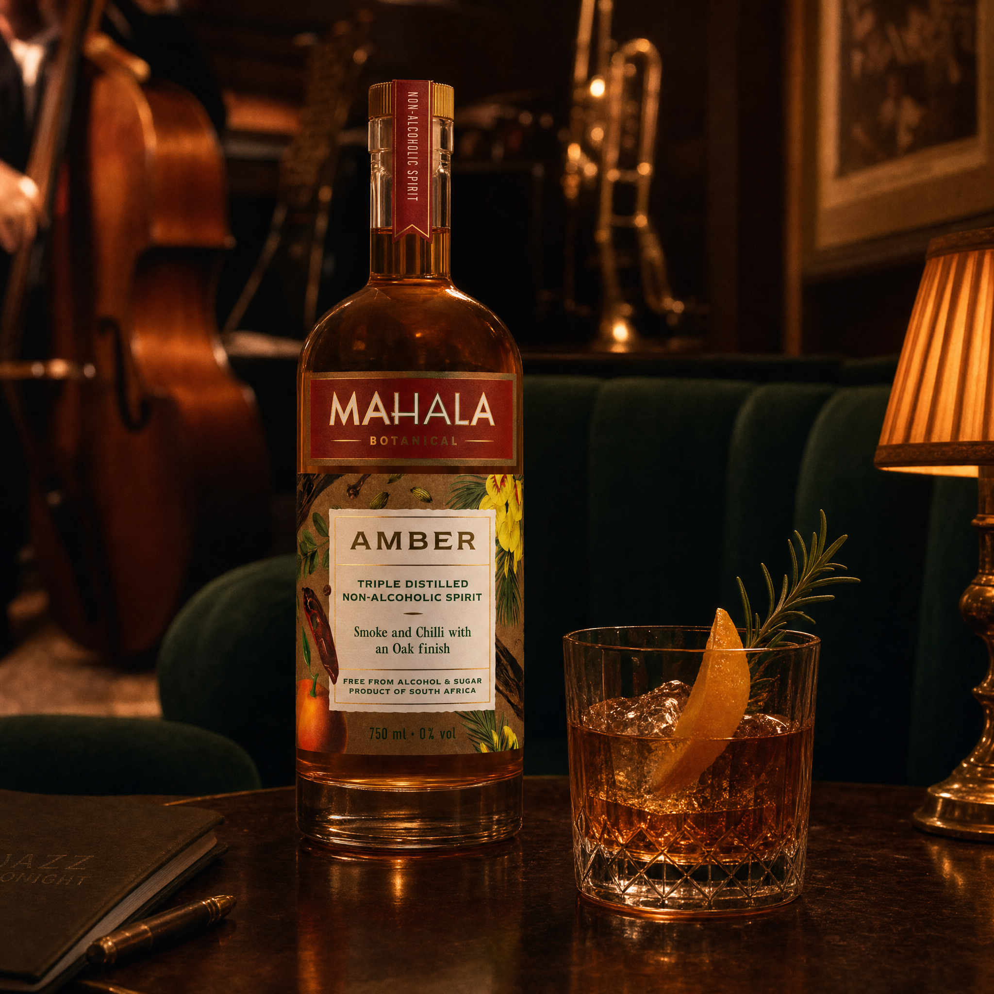 Mahala Botanical Amber 0.0% non-alcoholic spirit from South Africa - served in a jazz club