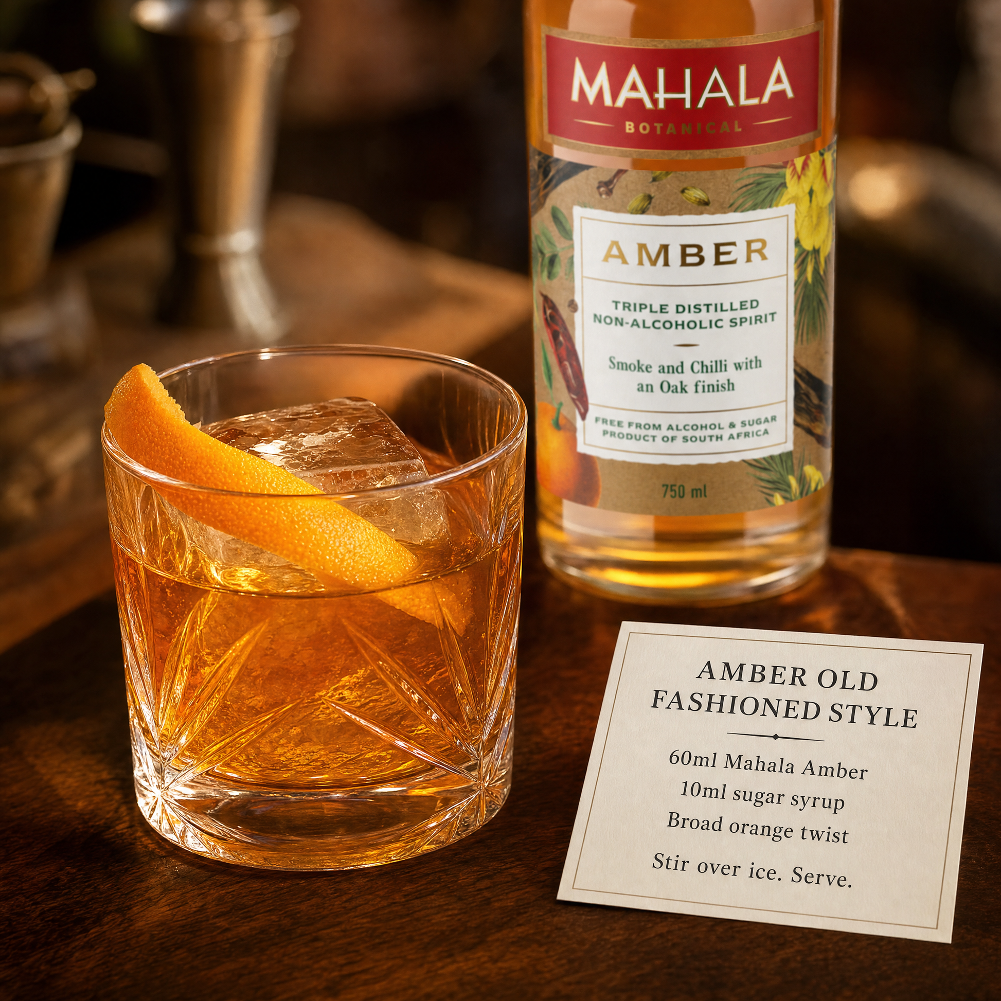 Mahala Botanical Amber 0.0% non-alcoholic spirit from South Africa - Amber Old Fashioned style recipe