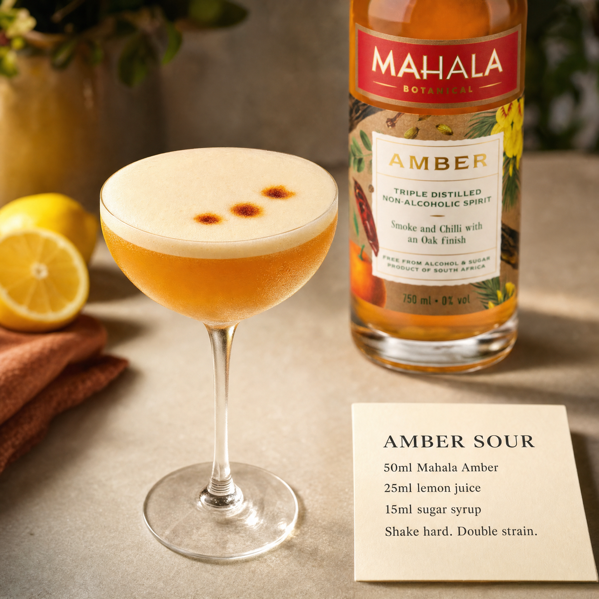 Mahala Botanical Amber 0.0% non-alcoholic spirit from South Africa - Amber Sour recipe