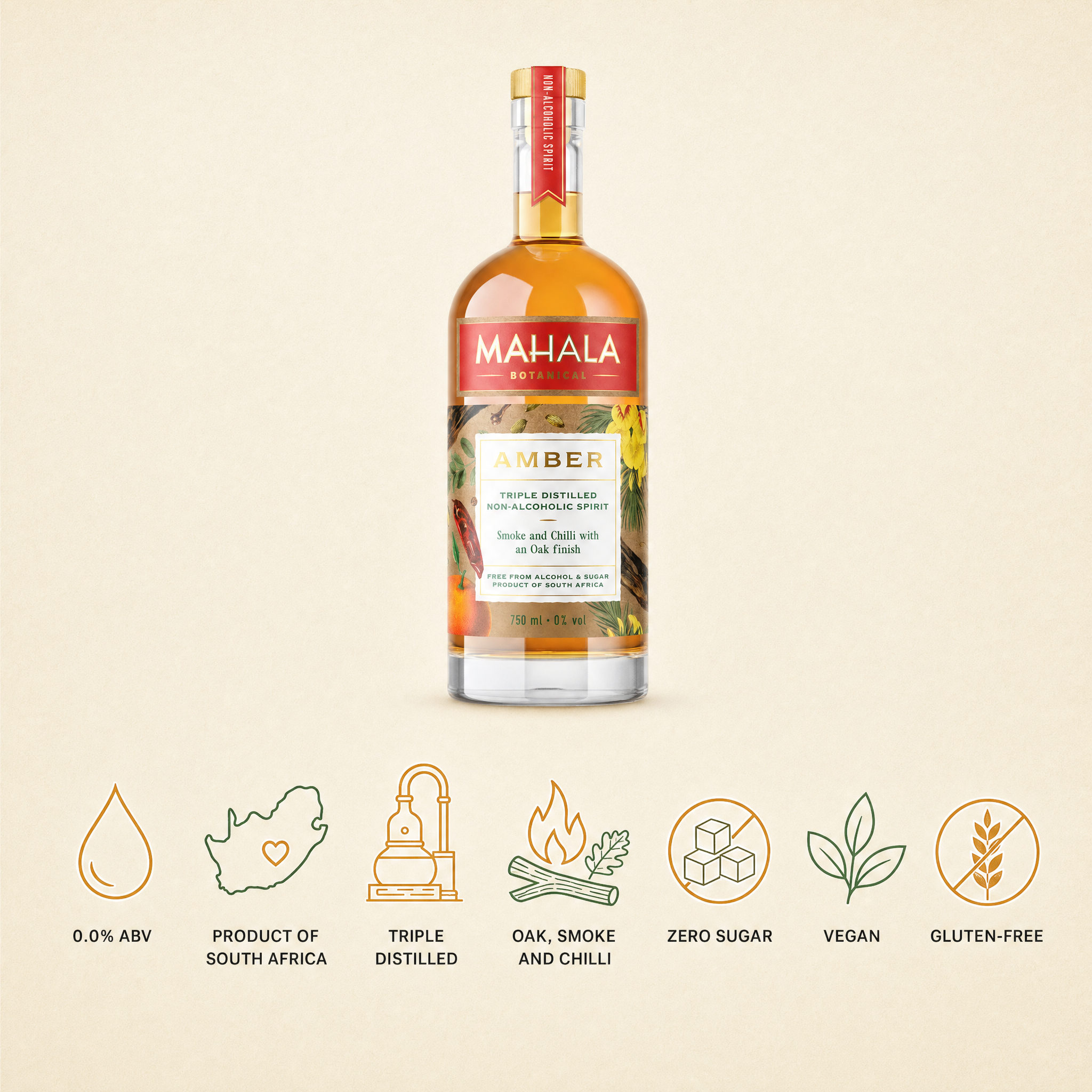 Mahala Botanical Amber 0.0% non-alcoholic spirit from South Africa - 0.0% ABV, triple distilled, oak smoke and chilli, zero sugar, vegan, gluten-free