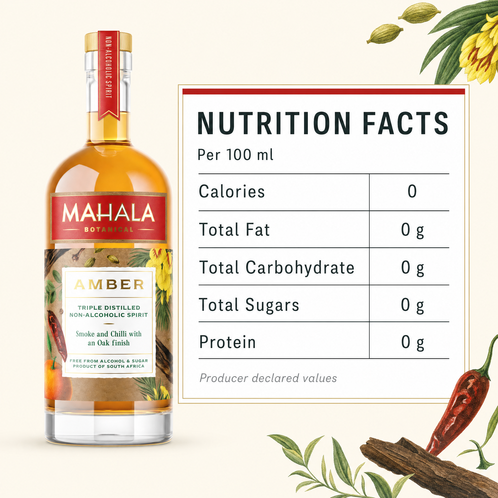 Mahala Botanical Amber 0.0% non-alcoholic spirit from South Africa - nutrition facts per 100 ml