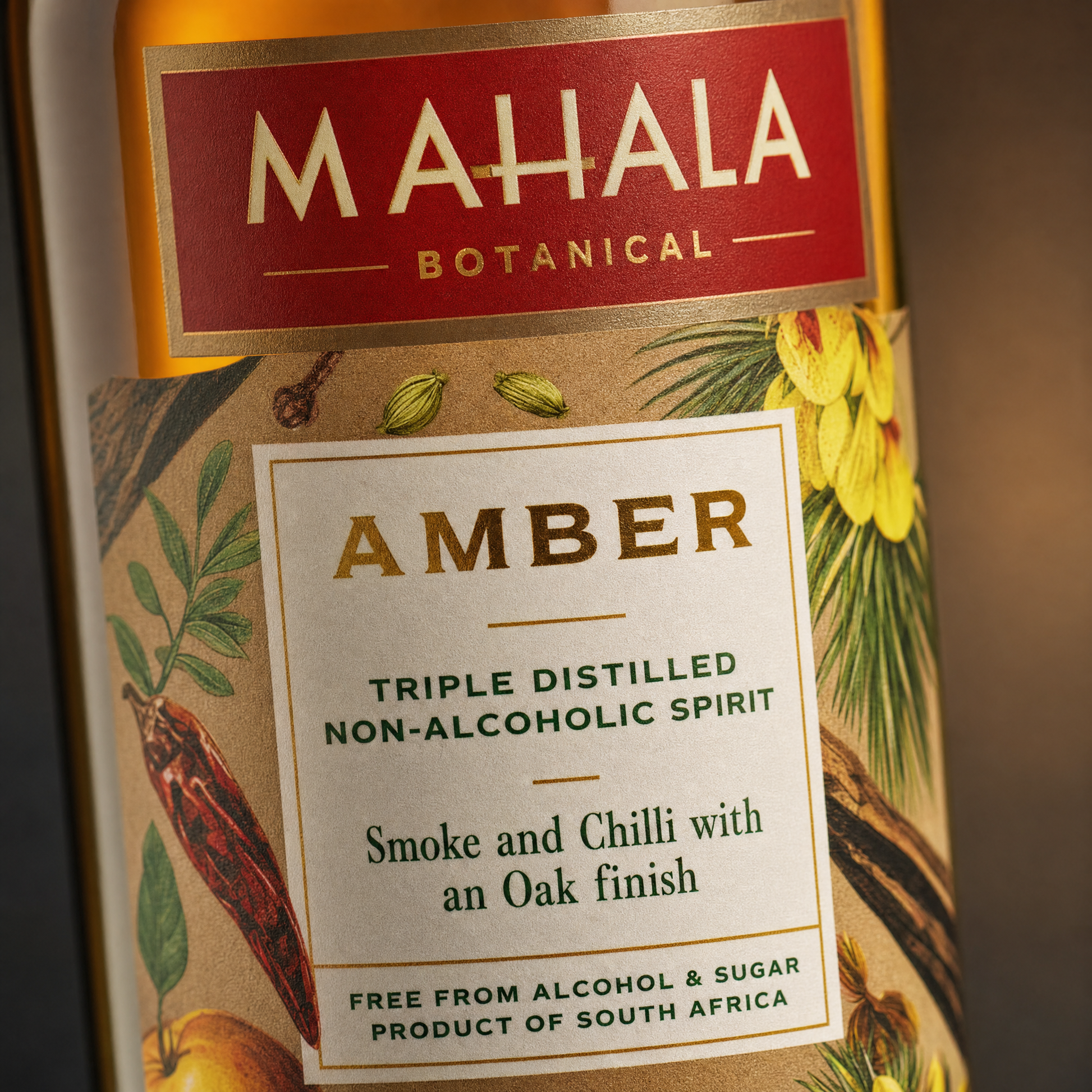Mahala Botanical Amber 0.0% non-alcoholic spirit from South Africa - label close-up