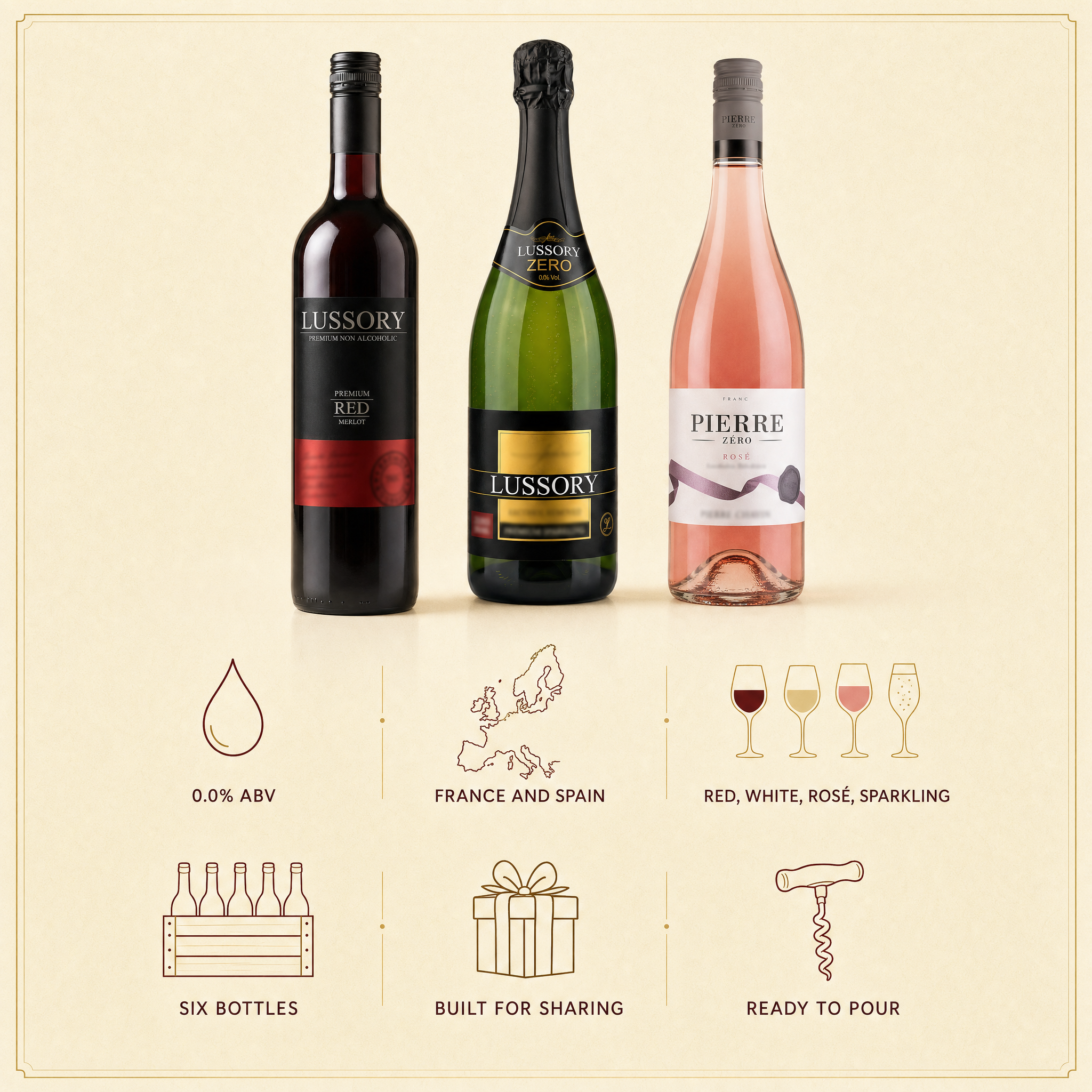 Party Pack - 0.0% ABV, France and Spain, red white rose and sparkling, six bottles
