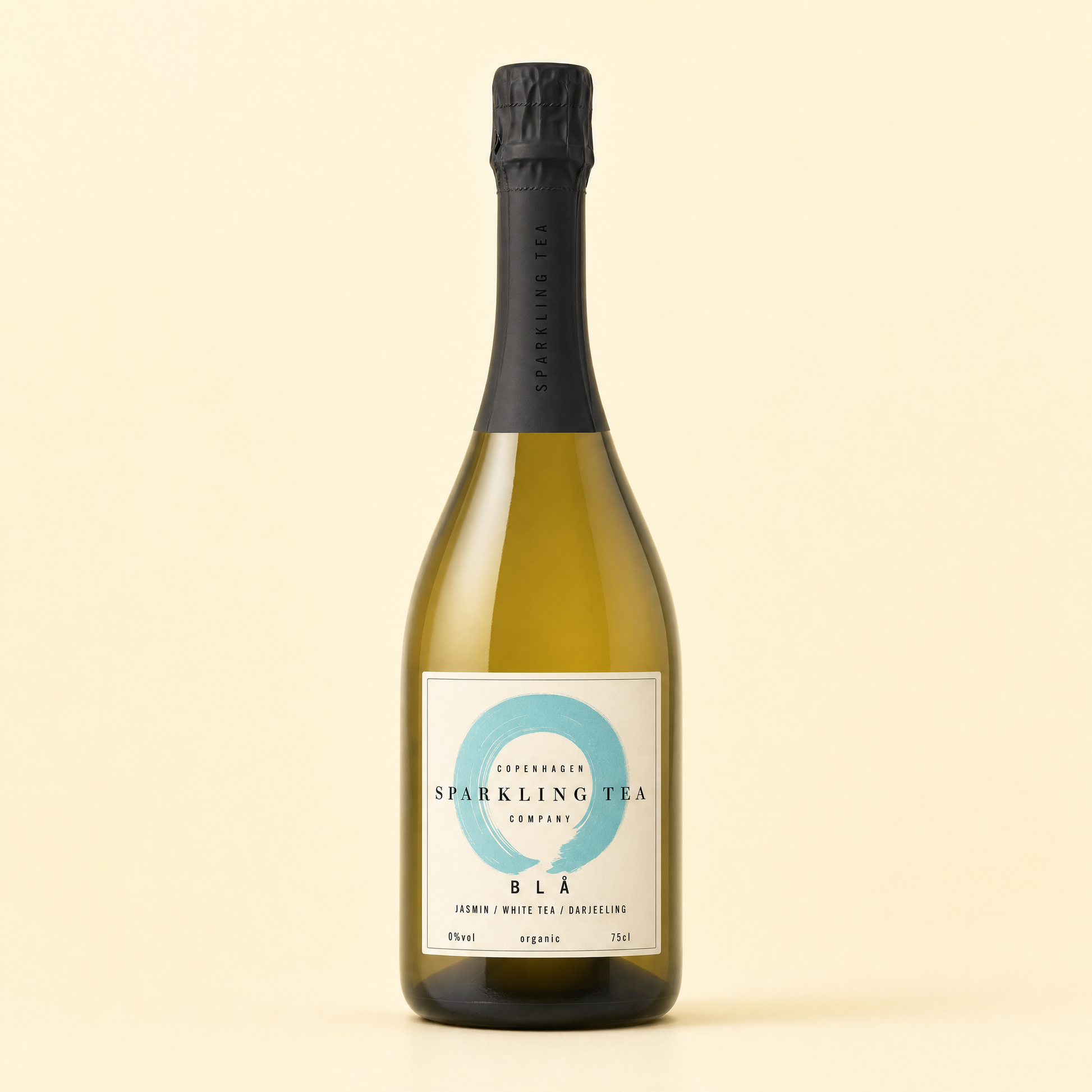 Copenhagen Sparkling Tea BLA 0.0% bottle on a cream background