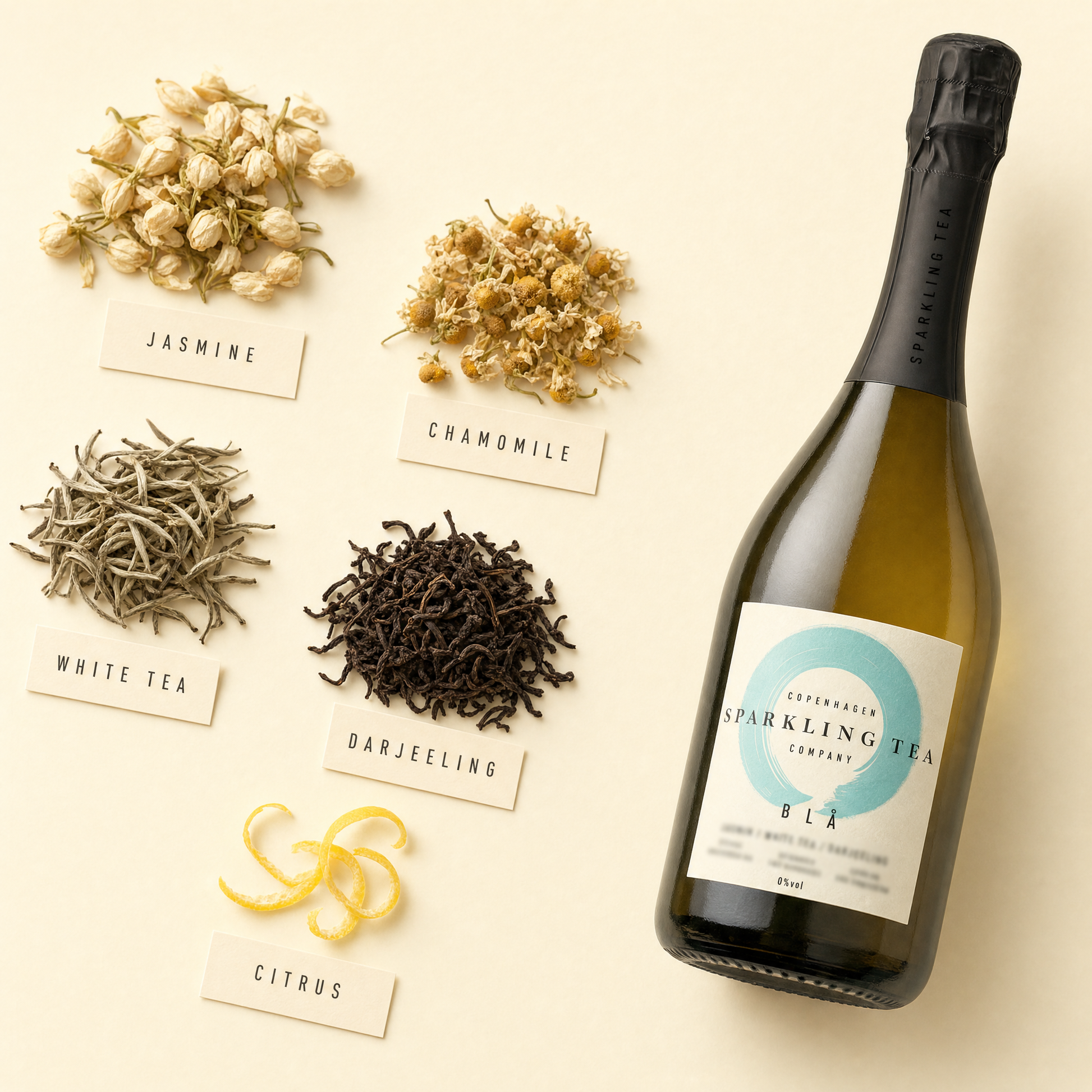Jasmine, chamomile, white tea, Darjeeling and citrus beside the BLA bottle