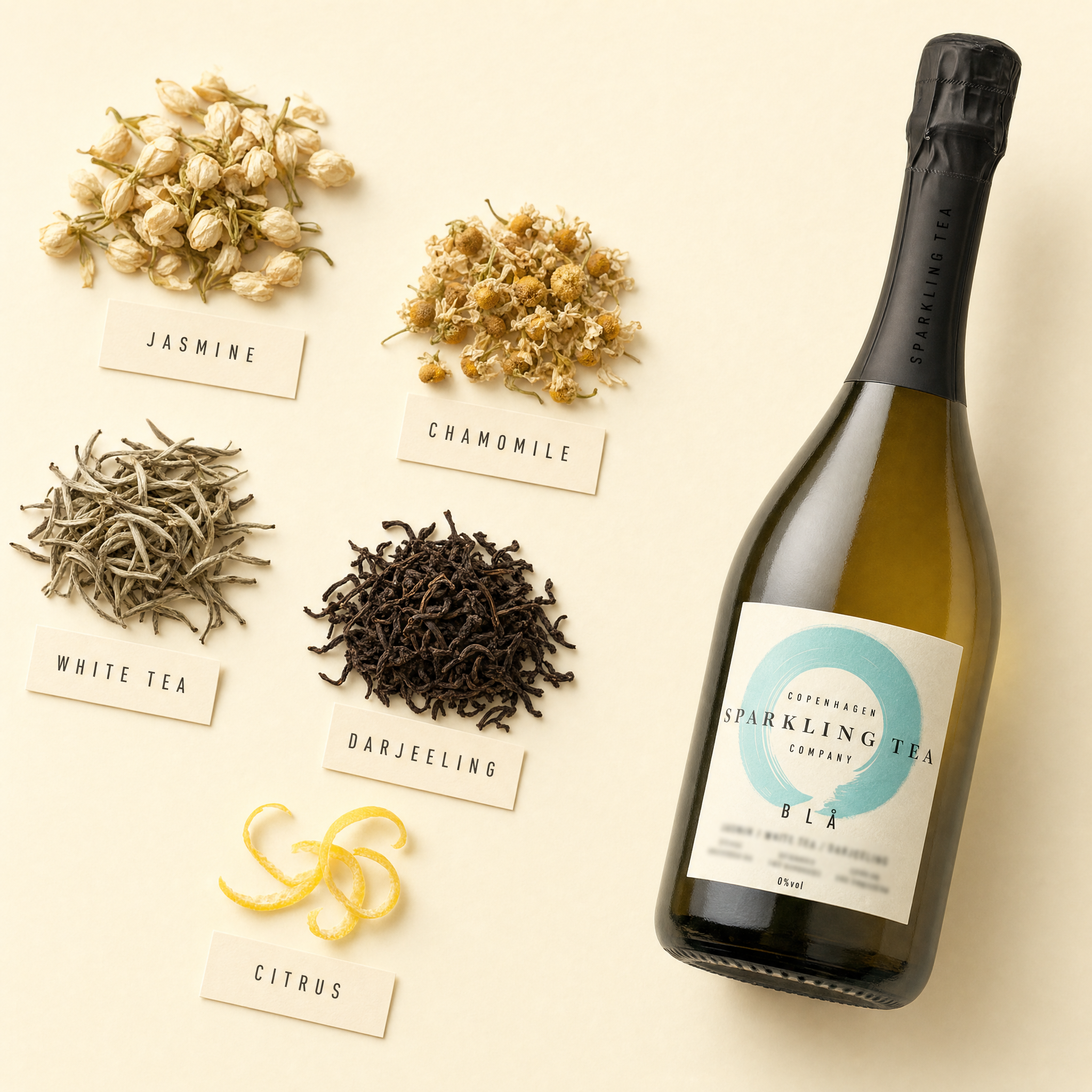 Jasmine, chamomile, white tea, Darjeeling and citrus beside the BLA bottle