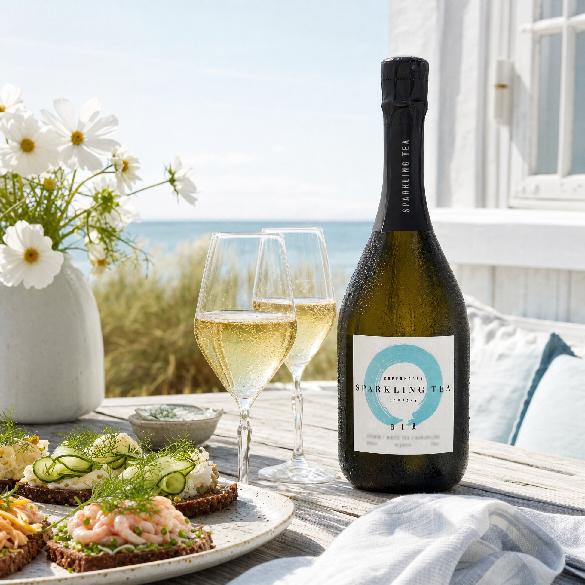 Copenhagen Sparkling Tea BLA served at a Danish coastal summer lunch