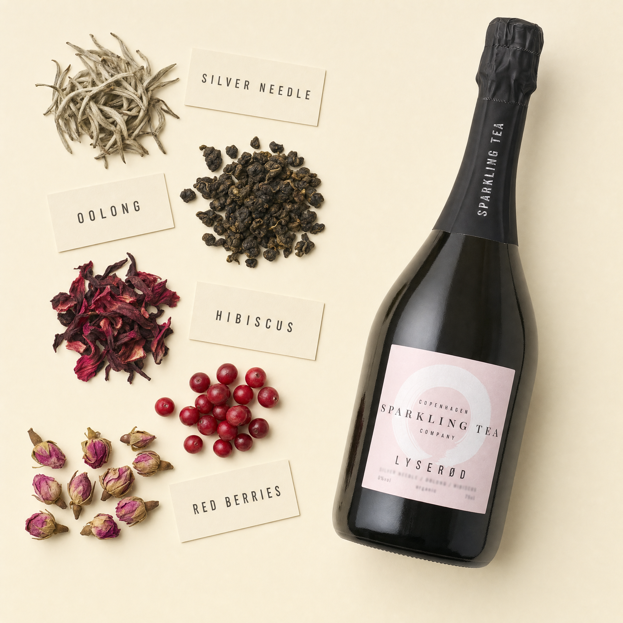 Silver needle, oolong, hibiscus and red berries beside the LYSEROD bottle
