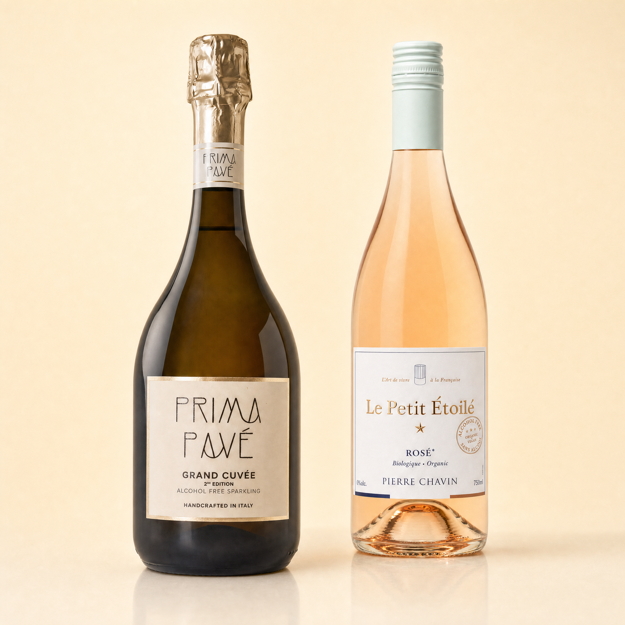 Date Night In — Prima Pavé Grand Cuvée sparkling and Le Petit Étoilé Rosé, two 0.0% alcohol-free bottles.