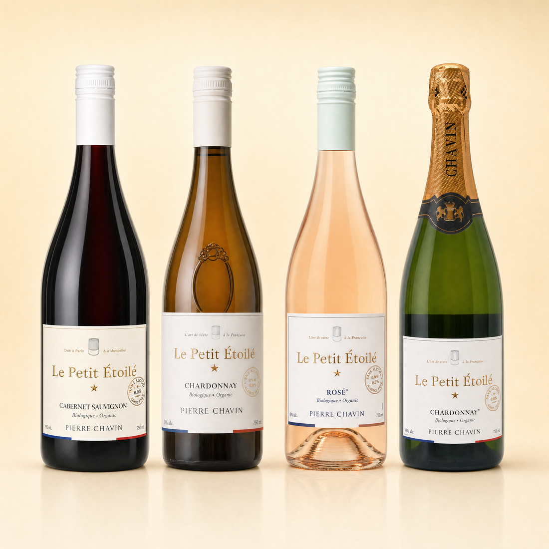 The Gathering Table — Le Petit Étoilé Cabernet Sauvignon, Chardonnay, Rosé and Chardonnay Sparkling, four 0.0% alcohol-free bottles.
