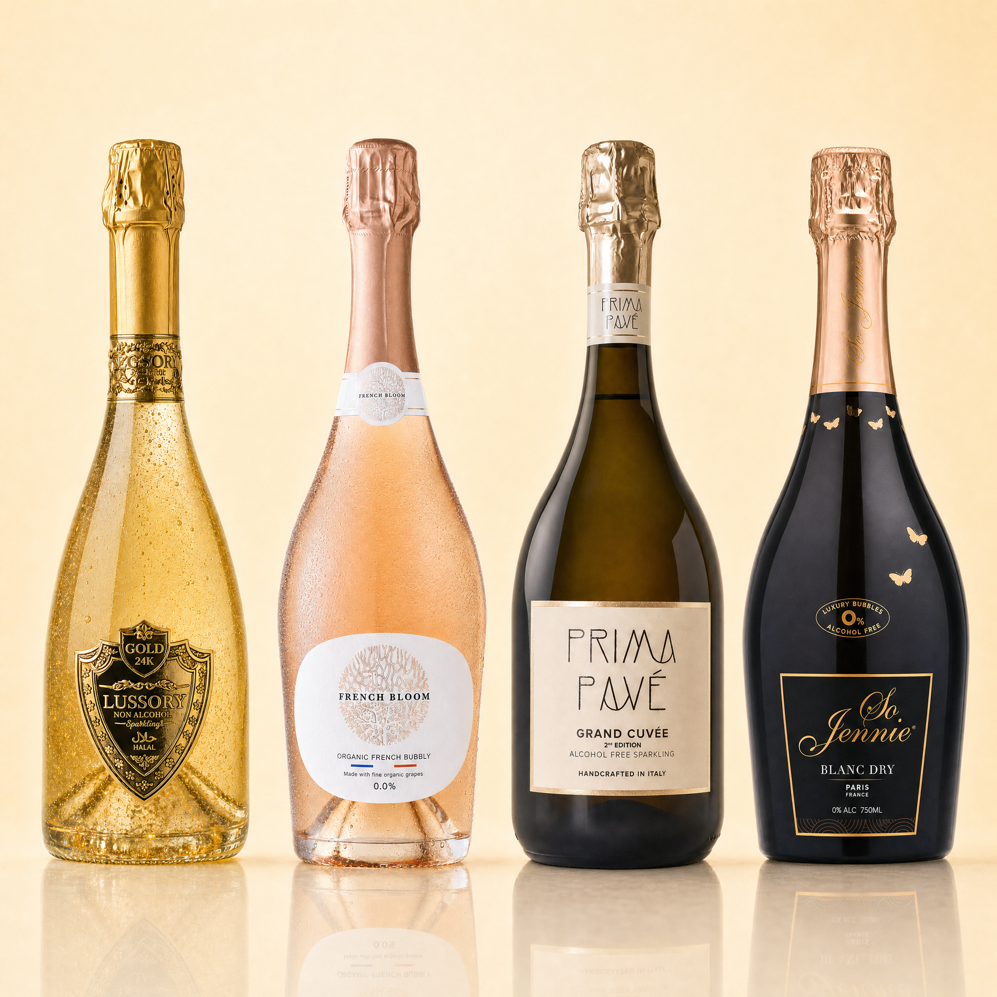 The Premium Cellar — Lussory 24k Gold, French Bloom Le Rosé, Prima Pavé Grand Cuvée and So Jennie Blanc Dry, four 0.0% alcohol-free bottles.