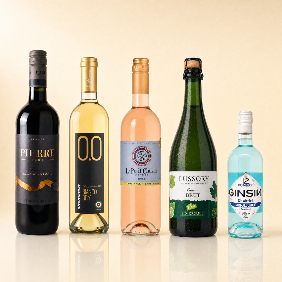 The Whole Cellar Discovery — Pierre Zéro Prestige red, Princess Bianco Dry white, Le Petit Chavin Rosé, Lussory Organic Brut sparkling and Ginsin gin, five 0.0% alcohol-free bottles.