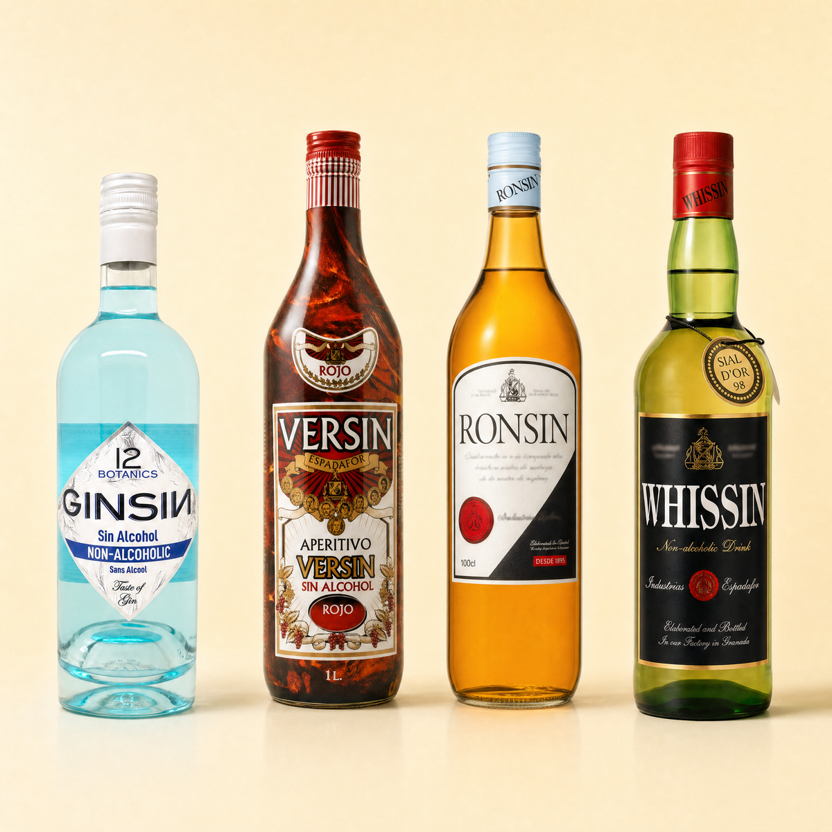 The Espadafor Bar Cart — Ginsin gin, Versin aperitivo, Ronsin rum and Whissin whiskey, four 0.0% alcohol-free Spanish spirits.