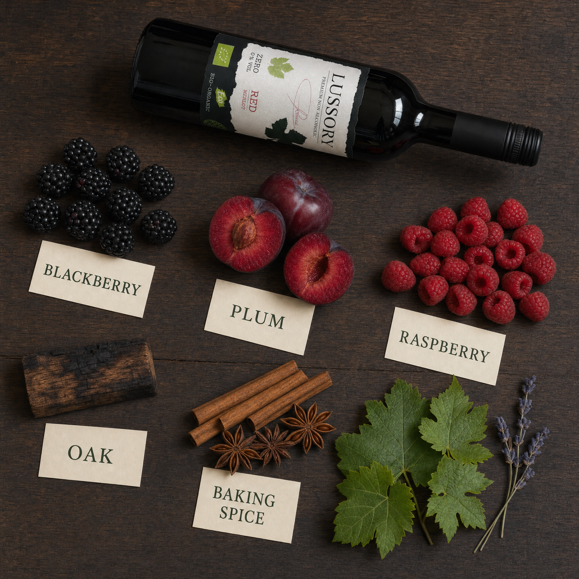 Lussory Organic Merlot 0.0% non-alcoholic Spanish red wine - tasting notes flat-lay with blackberry, plum, raspberry, oak and baking spice