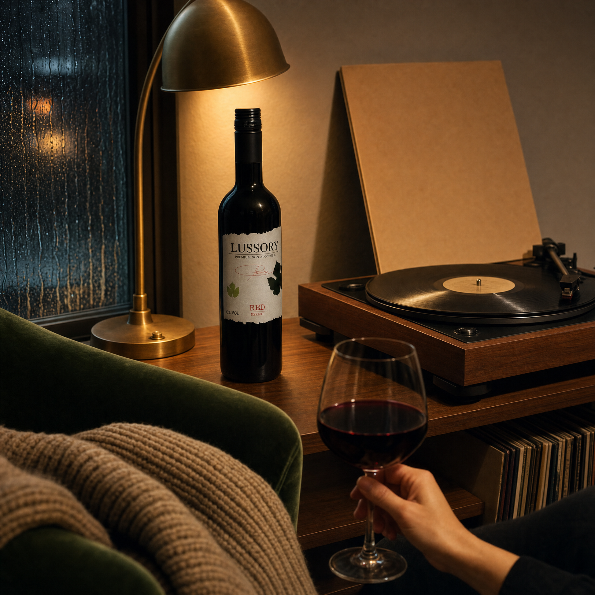 Lussory Organic Merlot 0.0% non-alcoholic Spanish red wine - poured in a rainy-night vinyl listening room