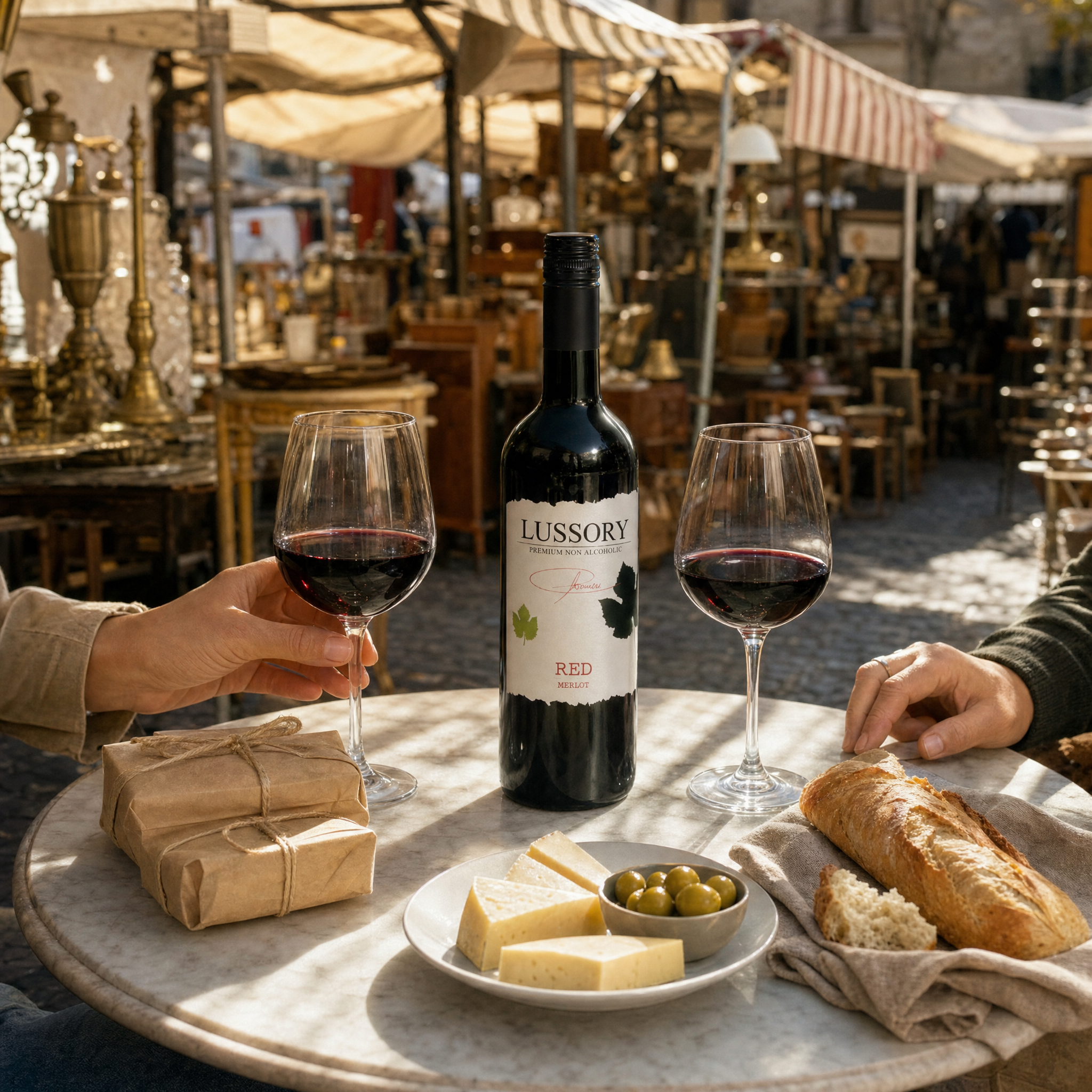 Lussory Organic Merlot 0.0% non-alcoholic Spanish red wine - served at a Madrid market cafe table