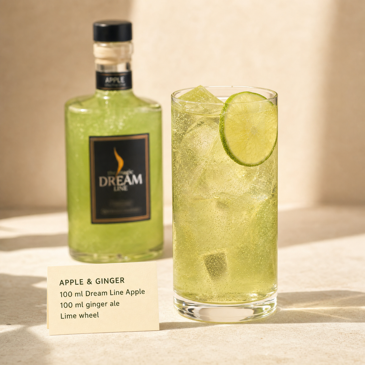 Dream Line Apple alcohol-free mocktail - Apple and Ginger serve with ginger ale and a lime wheel
