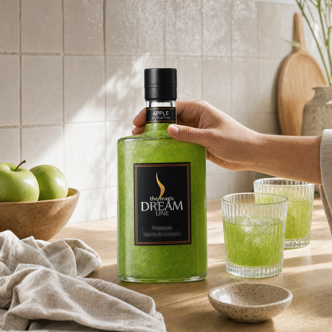 Dream Line Apple alcohol-free mocktail - bottle on a cream background