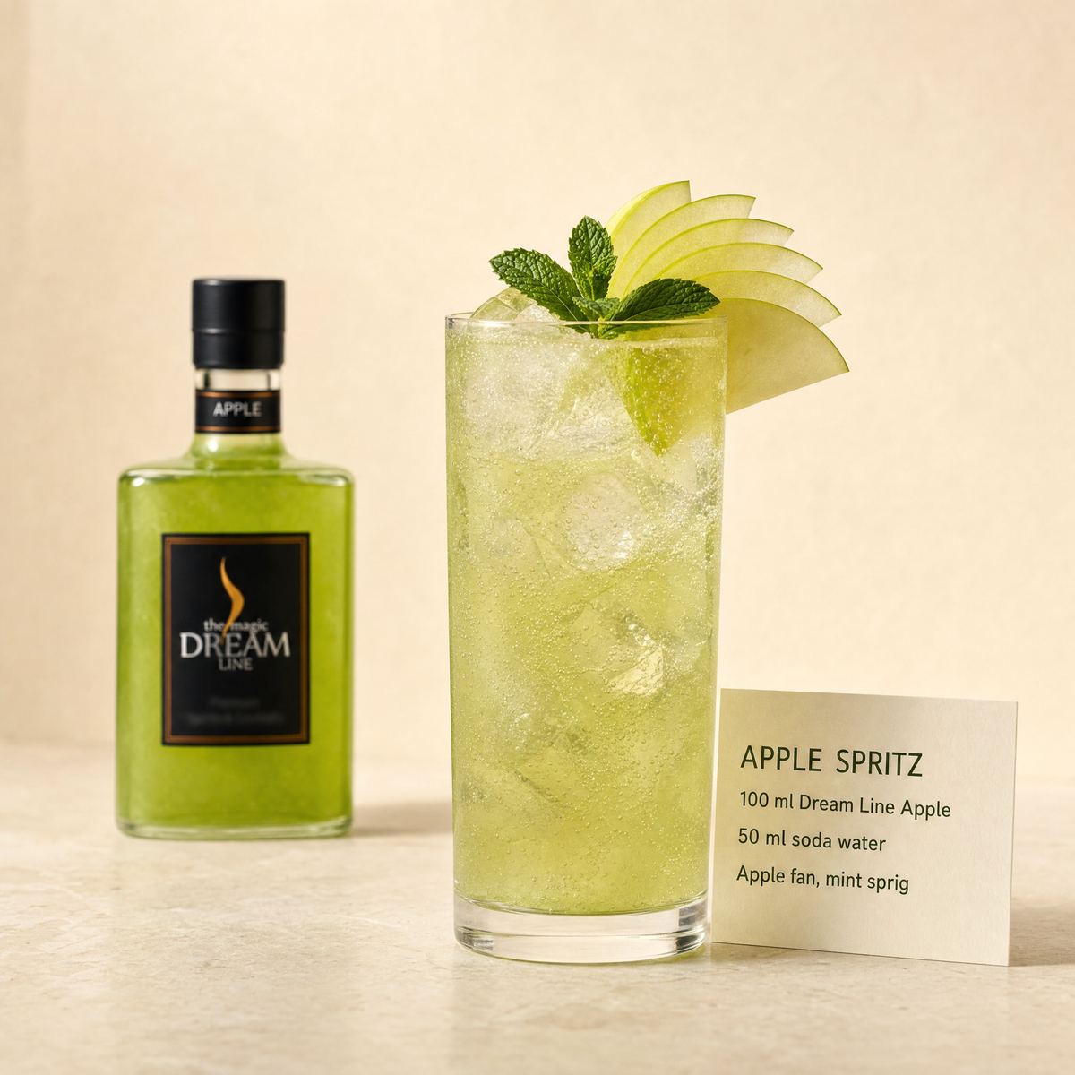 Dream Line Apple alcohol-free mocktail - Apple Spritz serve with soda water, an apple fan and mint