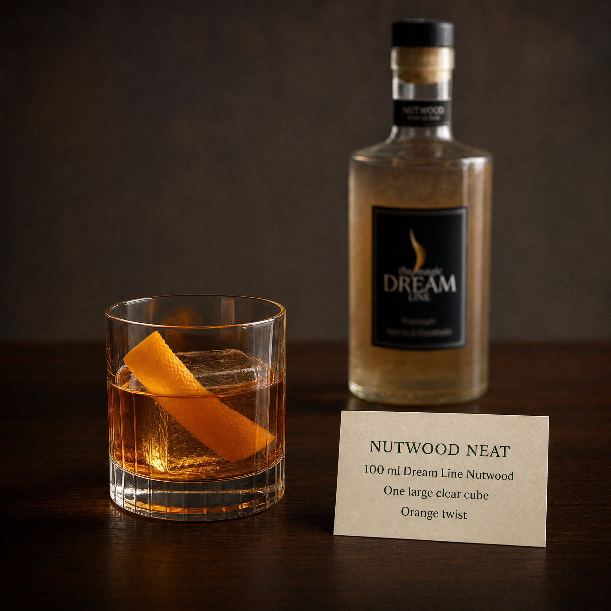 Dream Line Nutwood alcohol-free mocktail - Nutwood Neat serve over one large clear cube with an orange twist