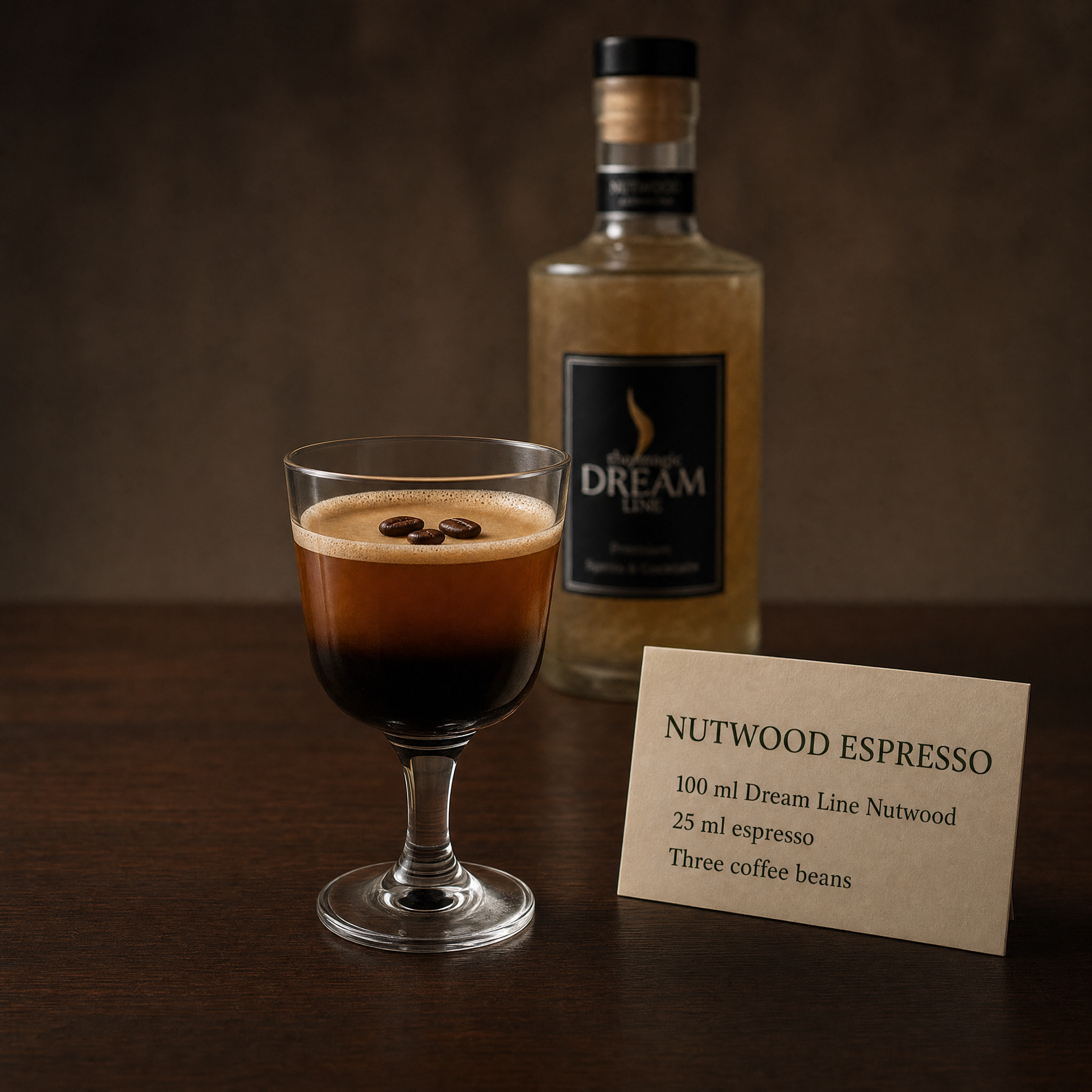 Dream Line Nutwood alcohol-free mocktail - Nutwood Espresso serve with espresso and three coffee beans