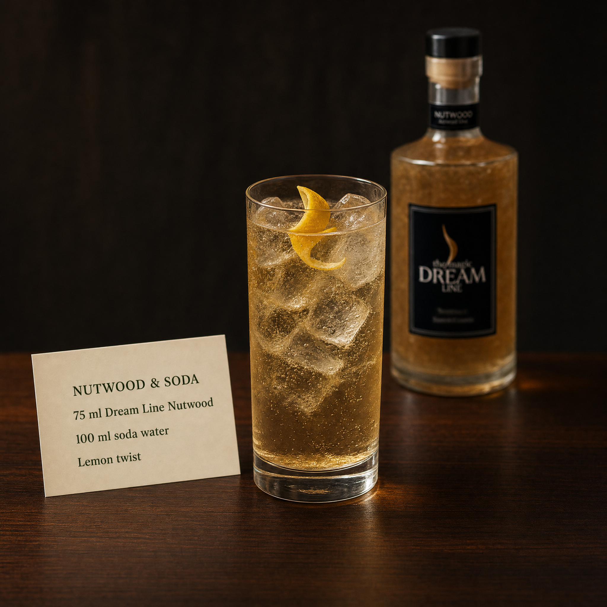 Dream Line Nutwood alcohol-free mocktail - Nutwood and Soda serve with soda water and a lemon twist
