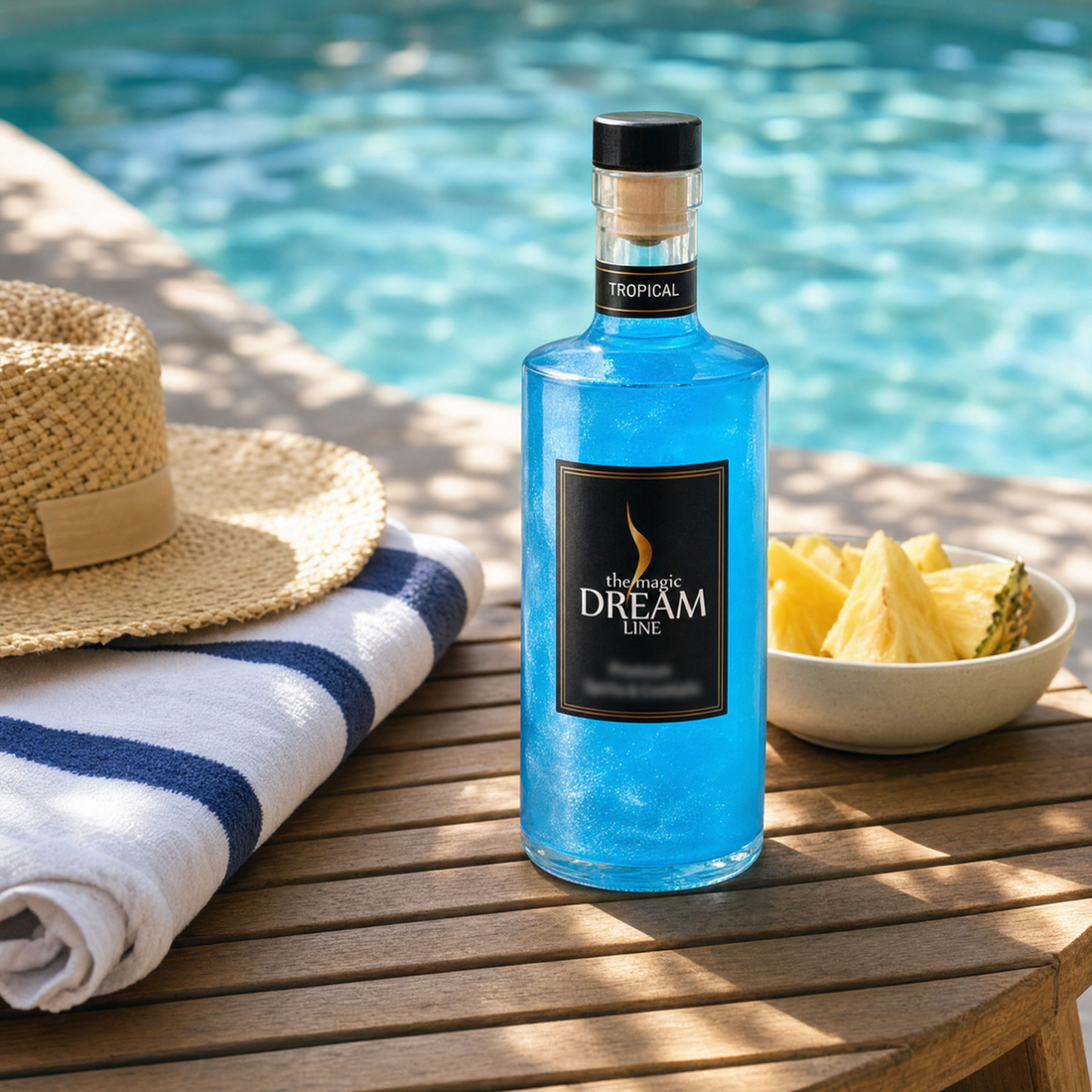 Dream Line Tropical alcohol-free mocktail - bottle on a cream background