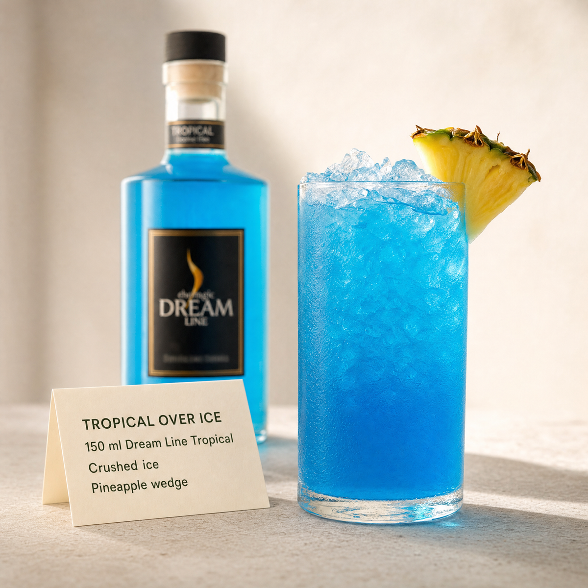 Dream Line Tropical alcohol-free mocktail - Tropical Over Ice serve with crushed ice and a pineapple wedge