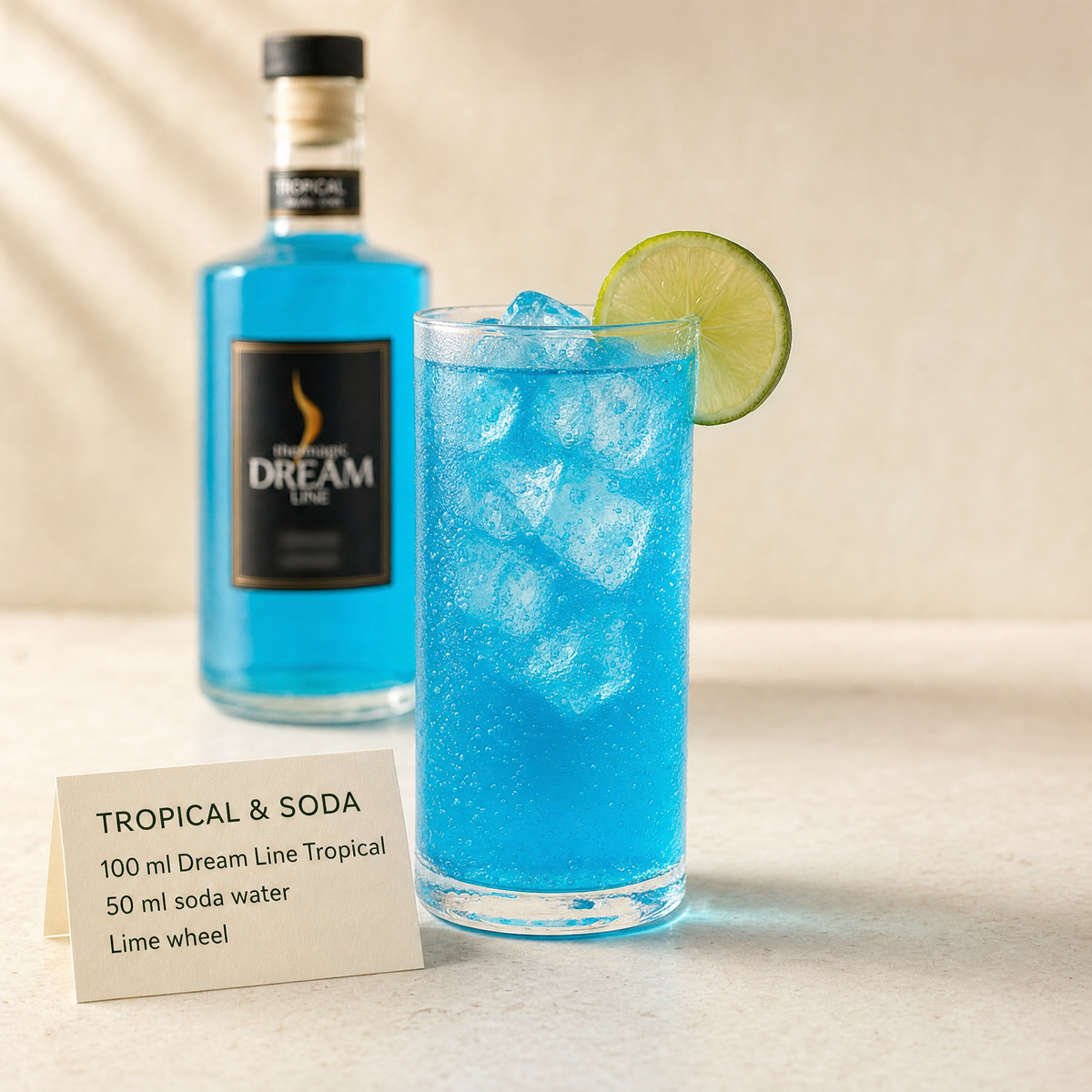 Dream Line Tropical alcohol-free mocktail - Tropical and Soda serve with soda water and a lime wheel
