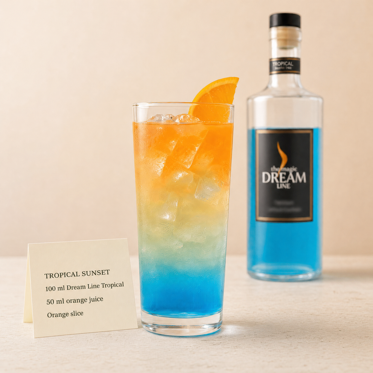 Dream Line Tropical alcohol-free mocktail - Tropical Sunset serve layered with orange juice and an orange slice