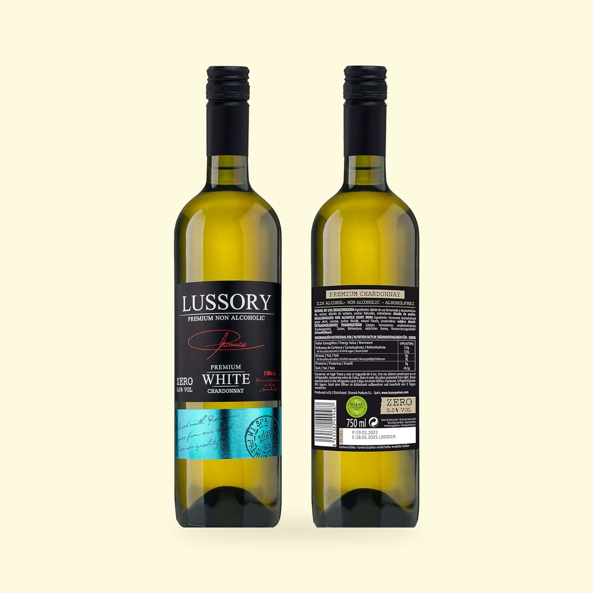 Lussory Premium Chardonnay 0.0% — front and back labels, showing the producer's own ingredients and nutrition panel