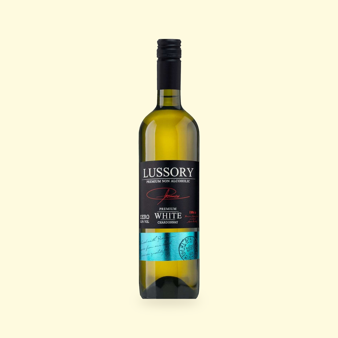 Lussory Premium Chardonnay 0.0% non-alcoholic Spanish white wine — bottle, front label reads ZERO 0.0% VOL
