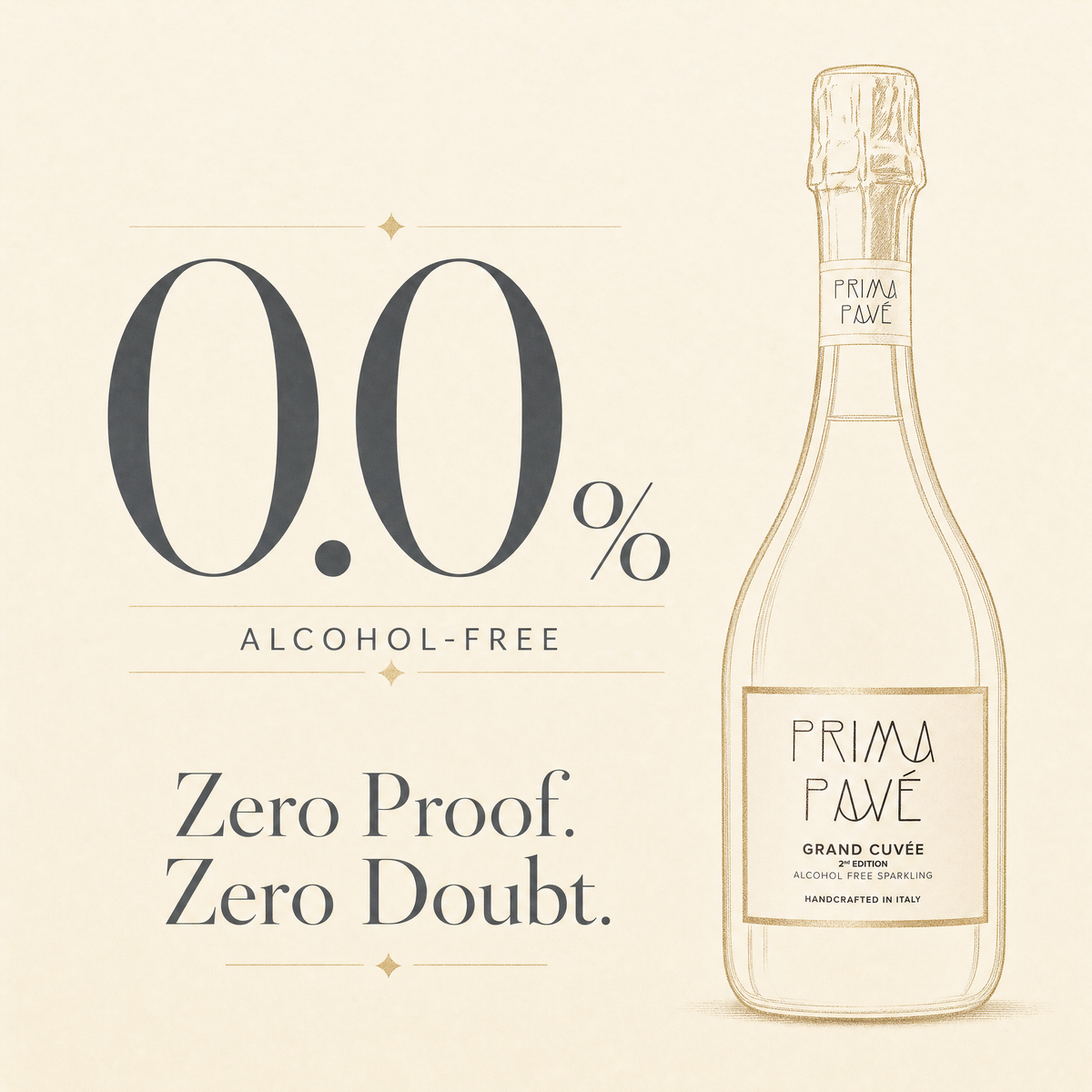 Prima Pave Grand Cuvee 2nd Edition - large "0.0%" above "ALCOHOL-FREE" and "Zero Proof. Zero Doubt."; the bottle label reads "GRAND CUVEE / 2nd EDITION / ALCOHOL FREE SPARKLING / HANDCRAFTED IN ITALY".