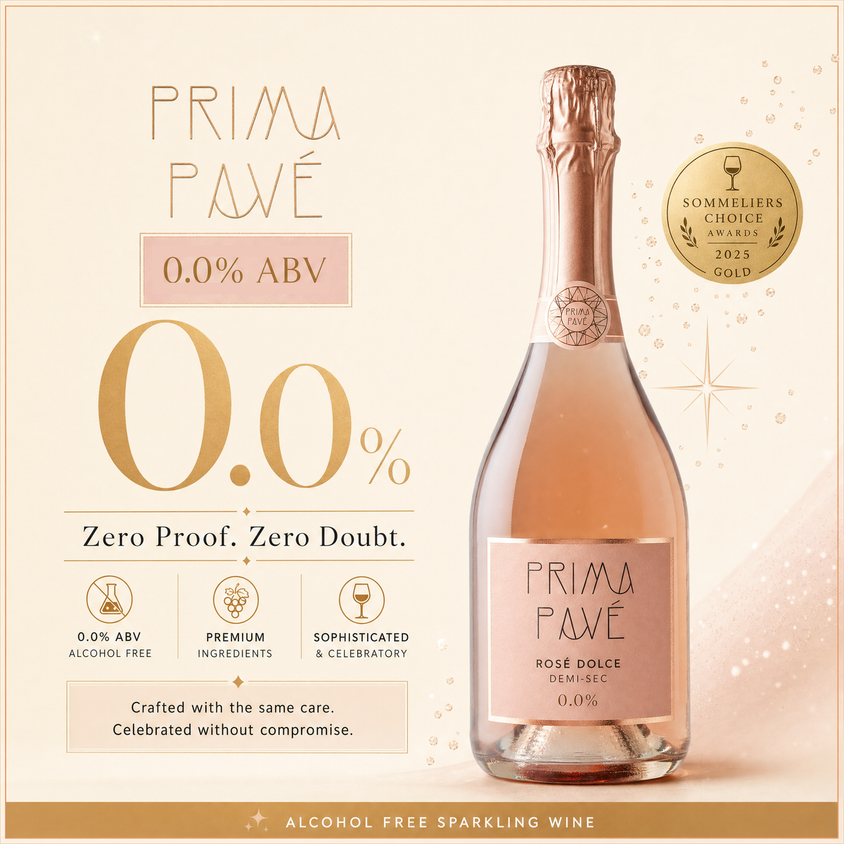 Prima Pave Rose Dolce Demi-Sec - pink chip reads "0.0% ABV" above a large "0.0%"; "Zero Proof. Zero Doubt."; icons "0.0% ABV / ALCOHOL FREE", "PREMIUM INGREDIENTS", "SOPHISTICATED & CELEBRATORY"; gold medal "Sommeliers Choice Awards 2025 Gold"; footer banner "ALCOHOL FREE SPARKLING WINE".
