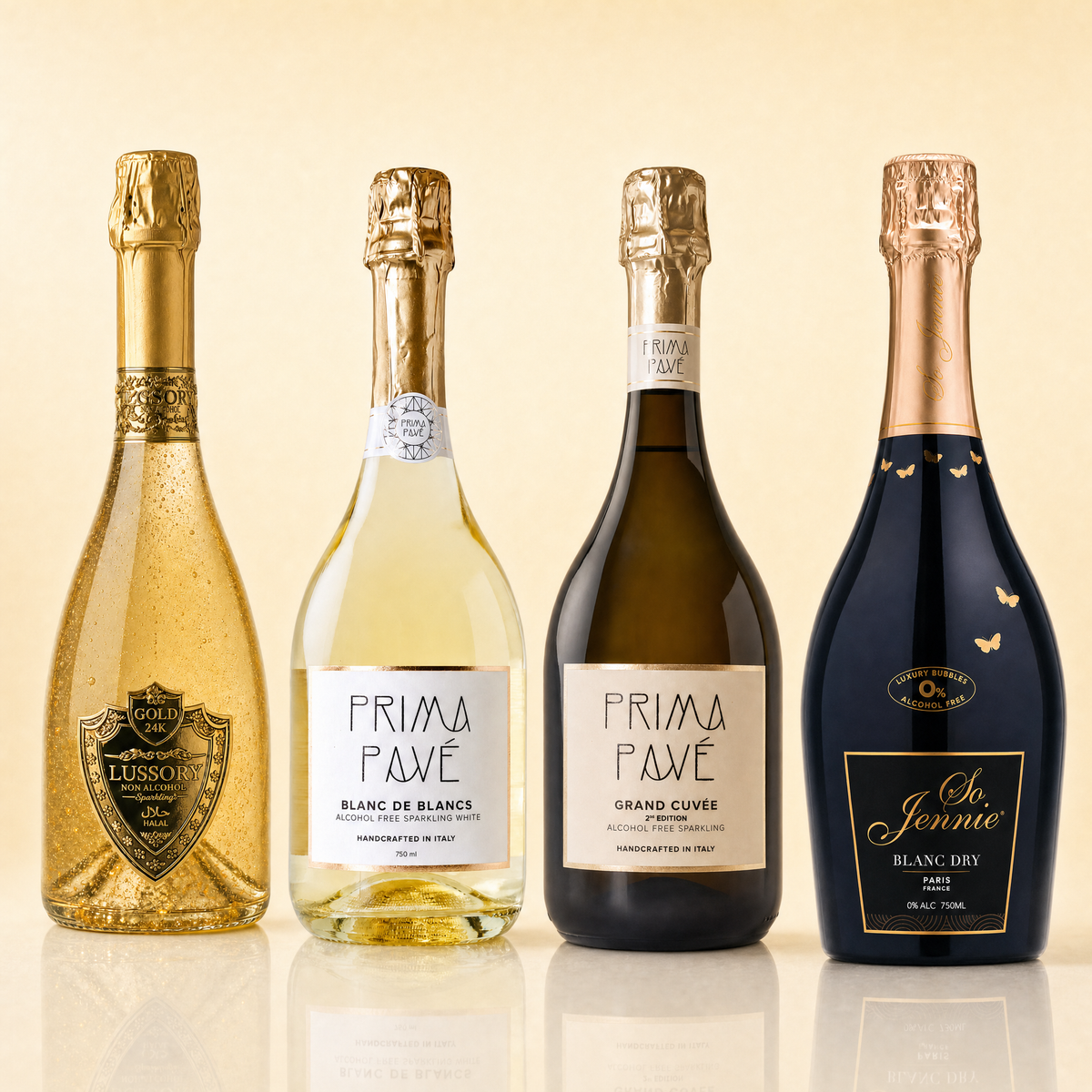 The Premium Cellar — Lussory 24k Gold Sparkling, Prima Pavé Blanc de Blancs, Prima Pavé Grand Cuvée 2nd Edition, and So Jennie Paris Blanc Dry, four bottles